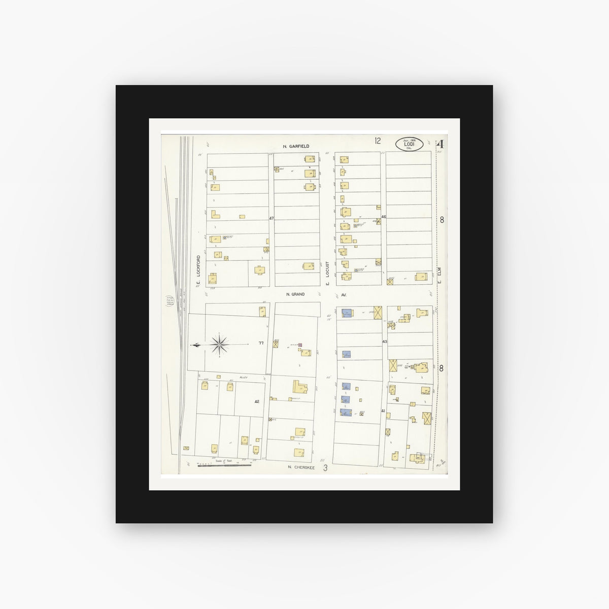 Old map wall art mockup — black gallery frame with white mat — Sanborn Fire Insurance Map from Lodi, San Joaquin County, California (1908), Sheet #0004
