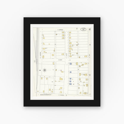 Old map wall art mockup — black gallery frame with white mat — Sanborn Fire Insurance Map from Lodi, San Joaquin County, California (1908), Sheet #0004