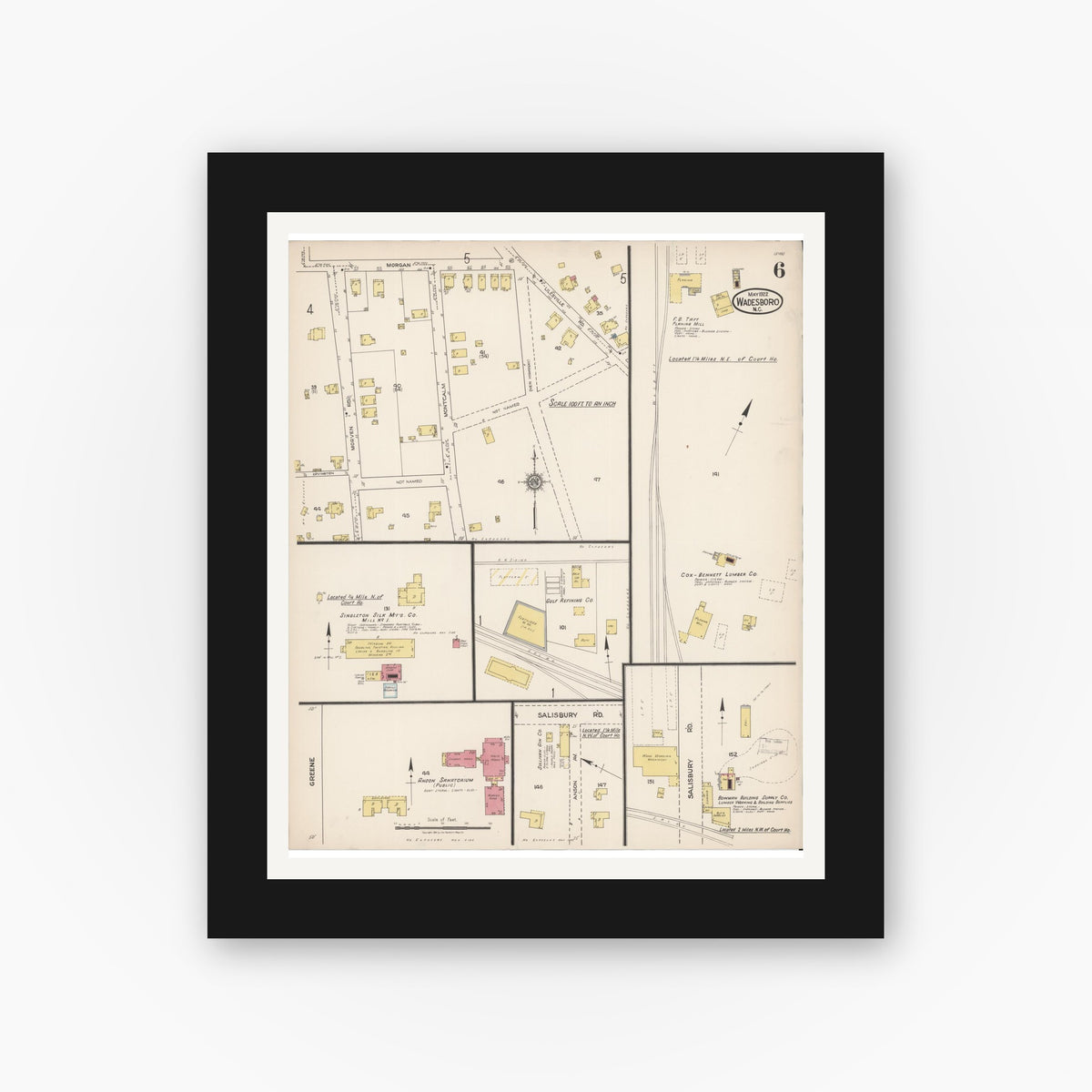 Old map wall art mockup — black gallery frame with white mat — Sanborn Fire Insurance Map from Wadesboro, Anson County, North Carolina (1922), Sheet #0006