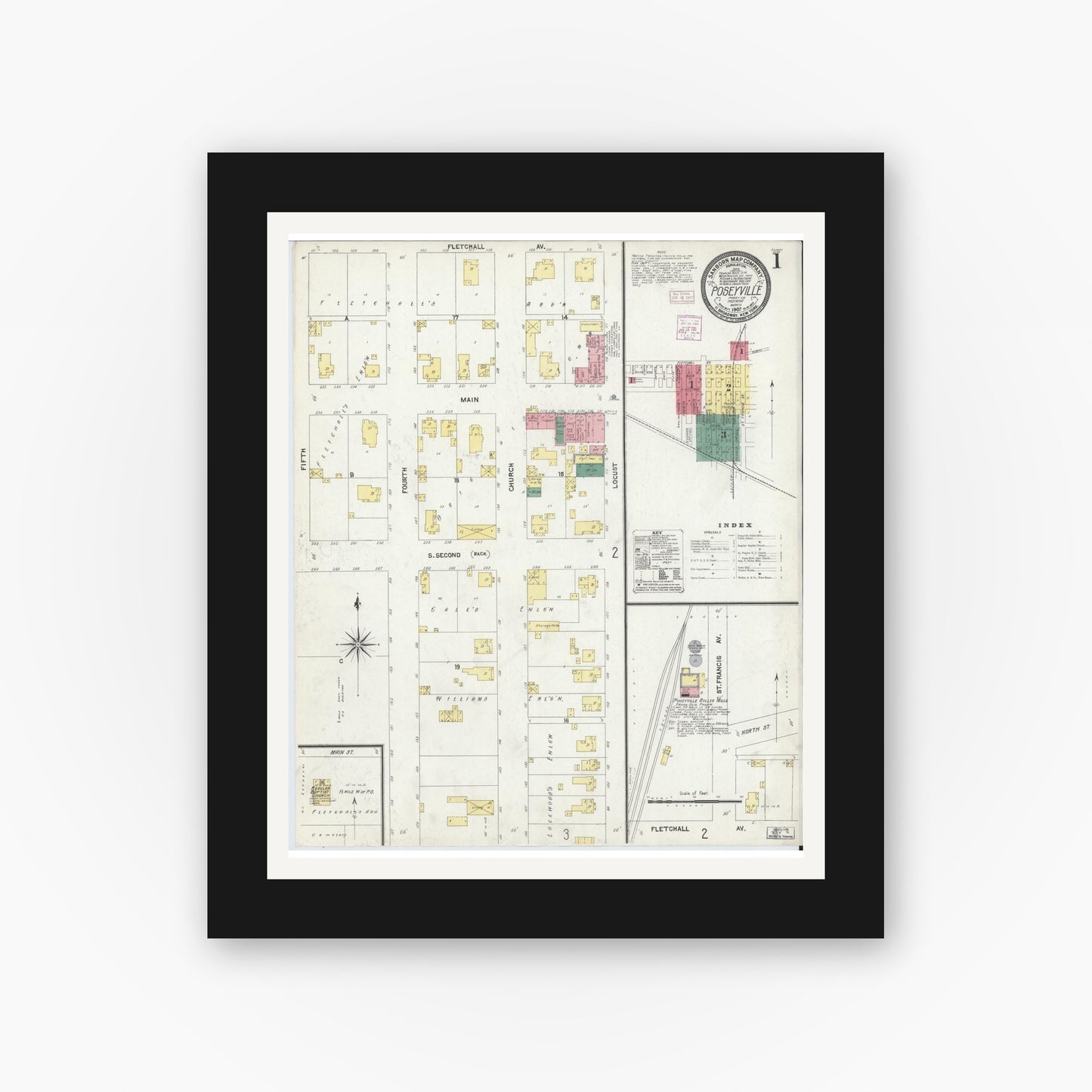 Old map wall art mockup — black gallery frame with white mat — Sanborn Fire Insurance Map from Poseyville, Posey County, Indiana (1907) - Complete Map Set