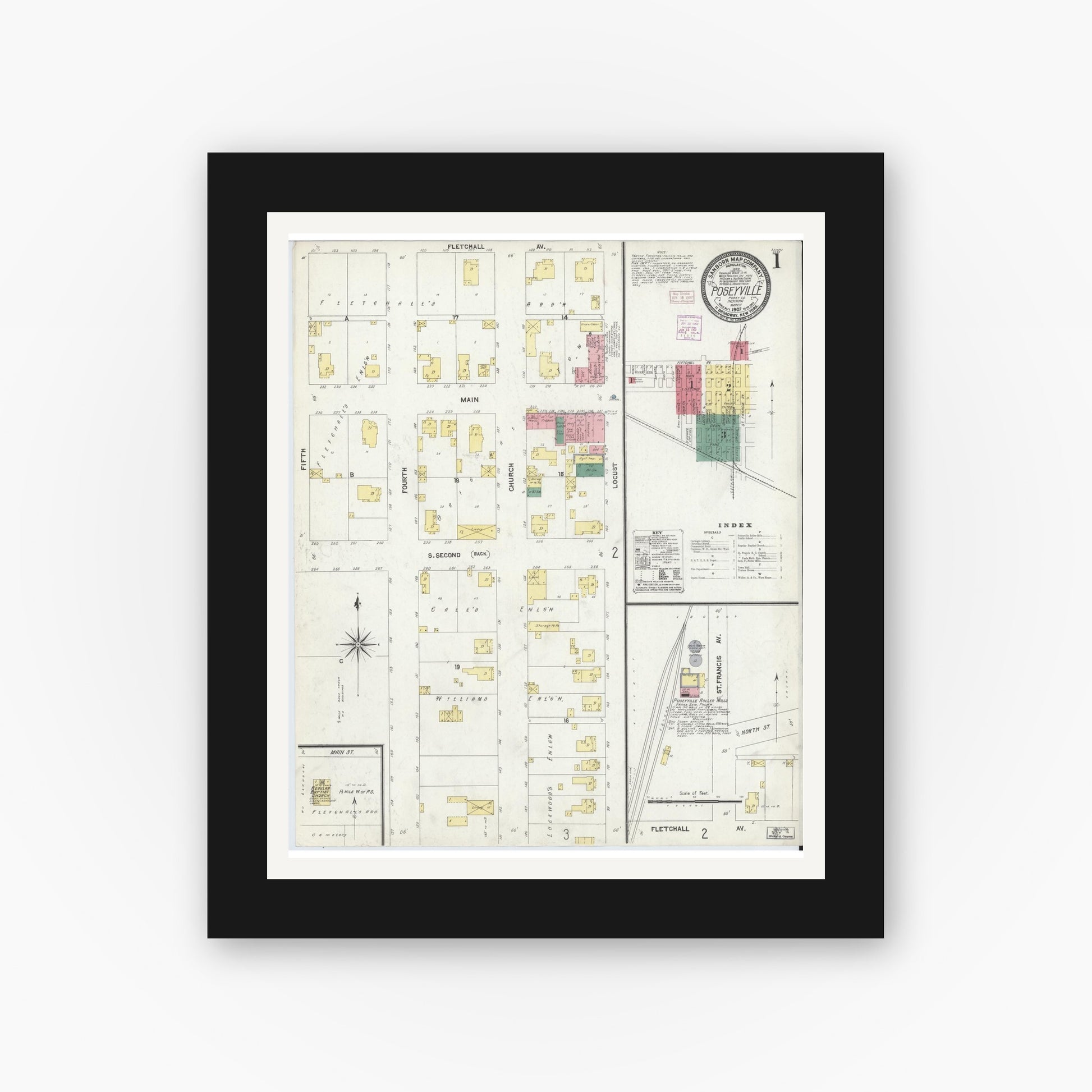 Old map wall art mockup — black gallery frame with white mat — Sanborn Fire Insurance Map from Poseyville, Posey County, Indiana (1907) - Complete Map Set
