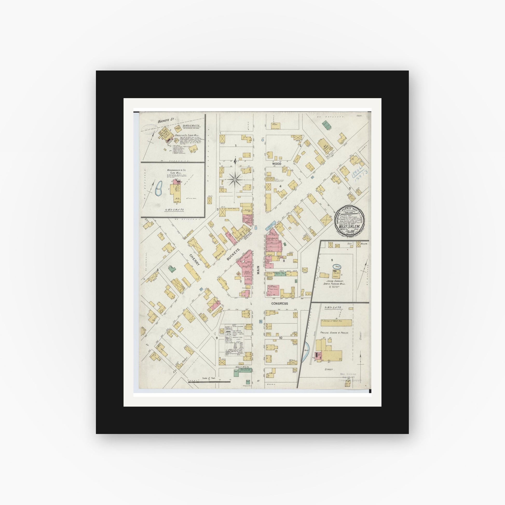 Old map wall art mockup — black gallery frame with white mat — Sanborn Fire Insurance Map from West Salem, Wayne County, Ohio (1899), Sheet #0001