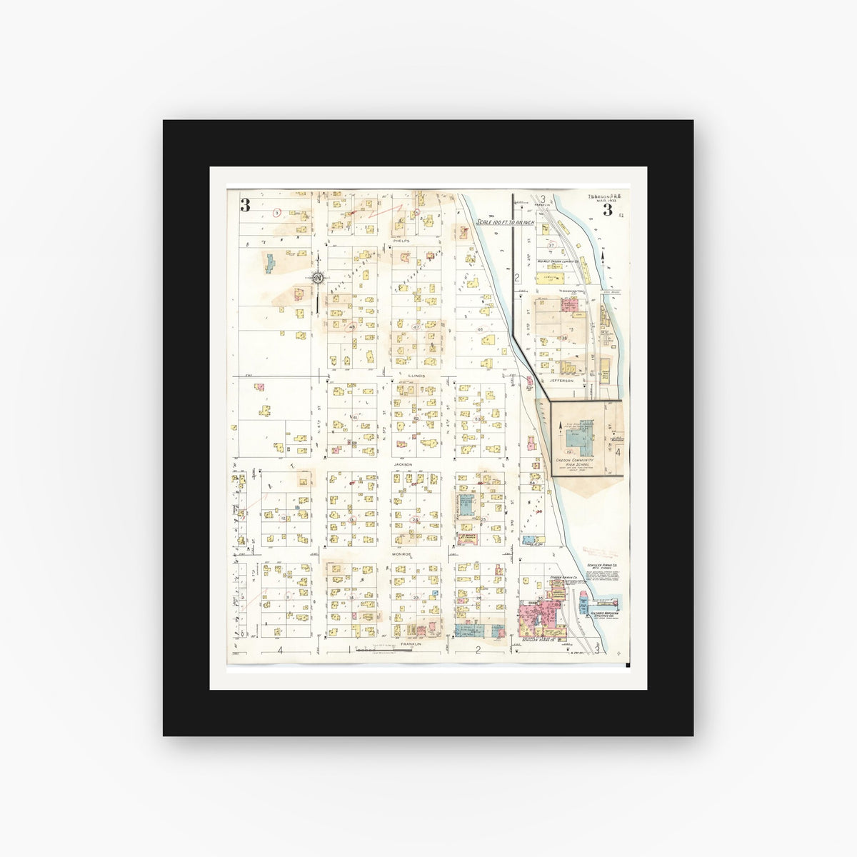 Old map wall art mockup — black gallery frame with white mat — Sanborn Fire Insurance Map from Oregon, Ogle County, Illinois (1943), Sheet #0003