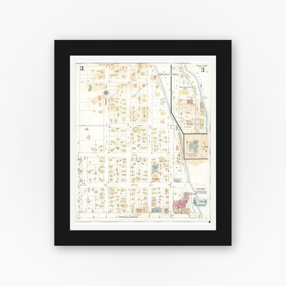 Old map wall art mockup — black gallery frame with white mat — Sanborn Fire Insurance Map from Oregon, Ogle County, Illinois (1943), Sheet #0003