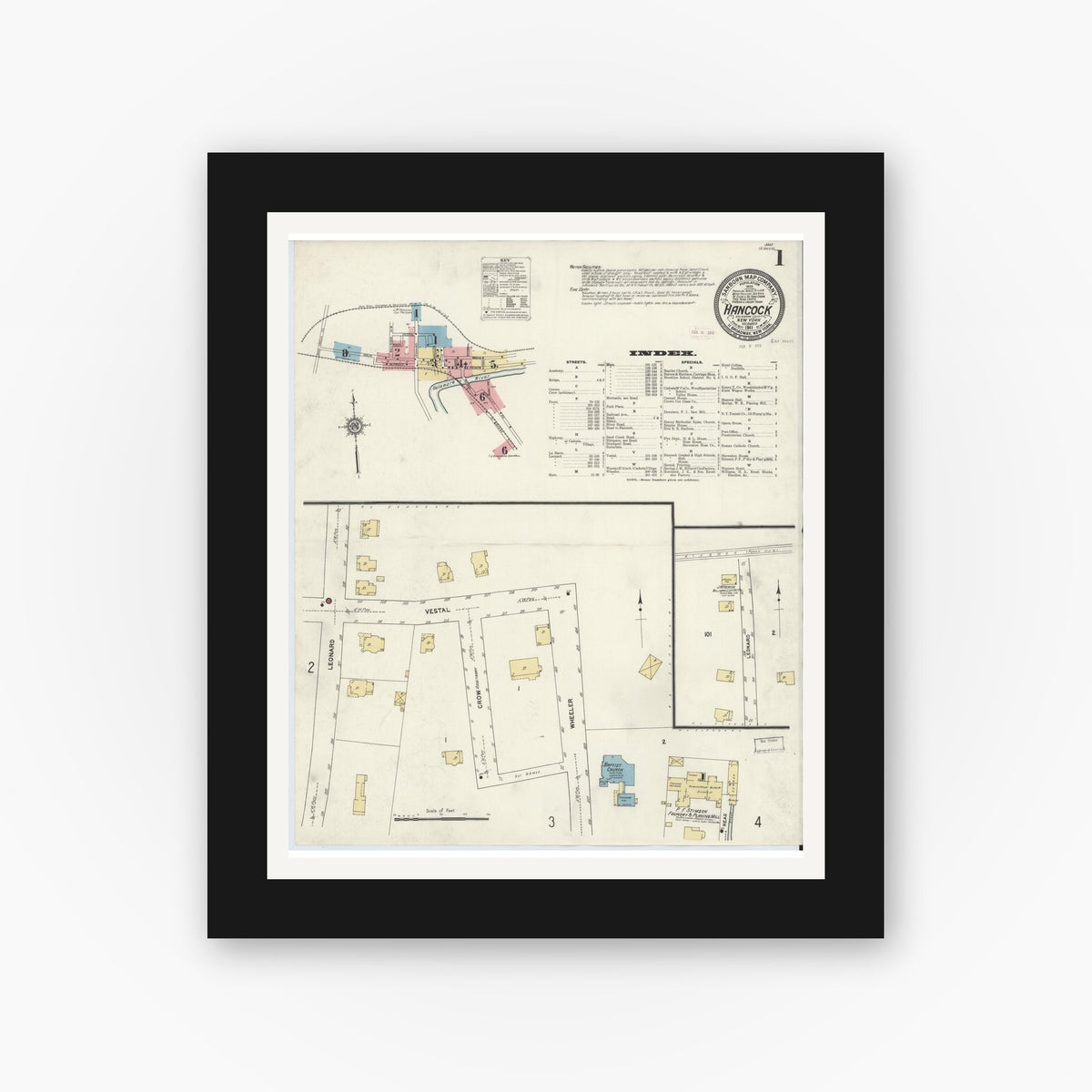 Old map wall art mockup — black gallery frame with white mat — Sanborn Fire Insurance Map from Hancock, Delaware County, New York (1911) - Complete Map Set