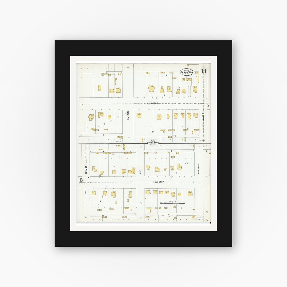 Old map wall art mockup — black gallery frame with white mat — Sanborn Fire Insurance Map from San Angelo, Tom Green County, Texas (1904), Sheet #0013