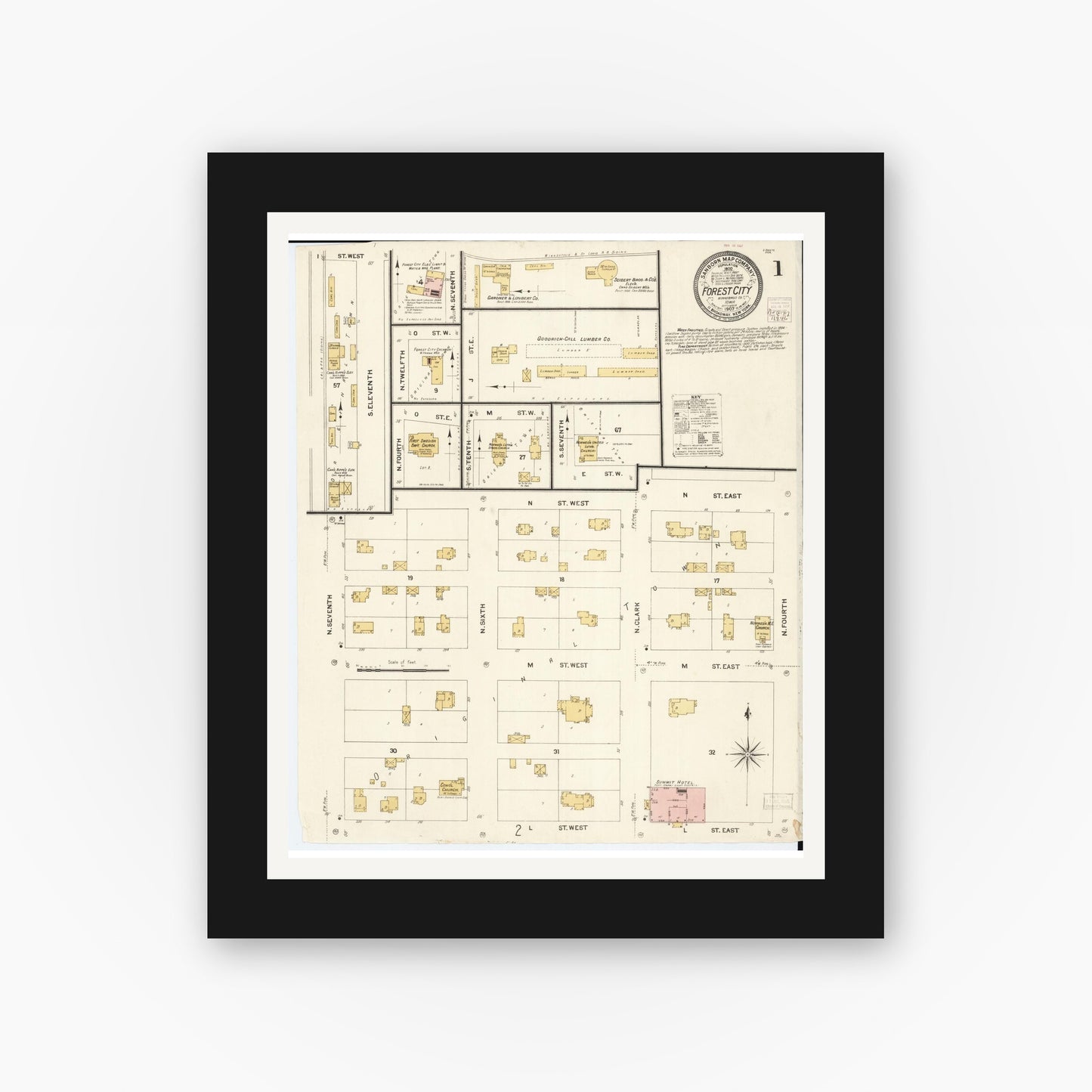 Old map wall art mockup — black gallery frame with white mat — Sanborn Fire Insurance Map from Forest City, Winnebago County, Iowa (1907) â€” Complete Set