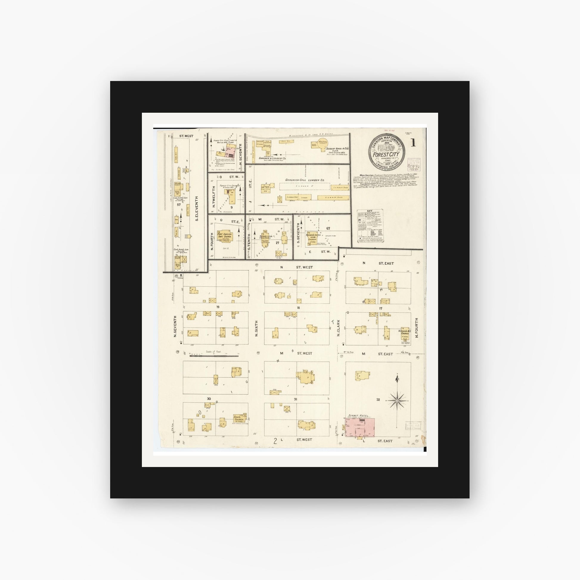 Old map wall art mockup — black gallery frame with white mat — Sanborn Fire Insurance Map from Forest City, Winnebago County, Iowa (1907) â€” Complete Set