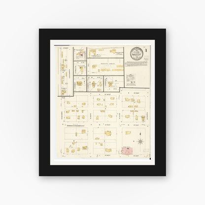 Old map wall art mockup — black gallery frame with white mat — Sanborn Fire Insurance Map from Forest City, Winnebago County, Iowa (1907) â€” Complete Set