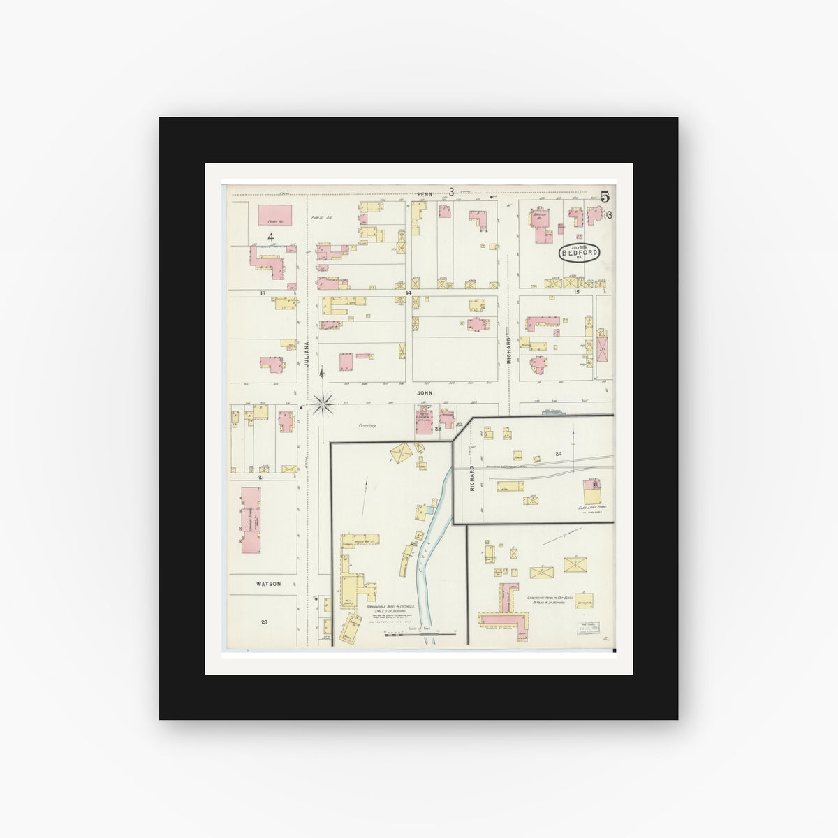 Old map wall art mockup — black gallery frame with white mat — Sanborn Fire Insurance Map from Bedford, Bedford County, Pennsylvania (1896), Sheet #0005