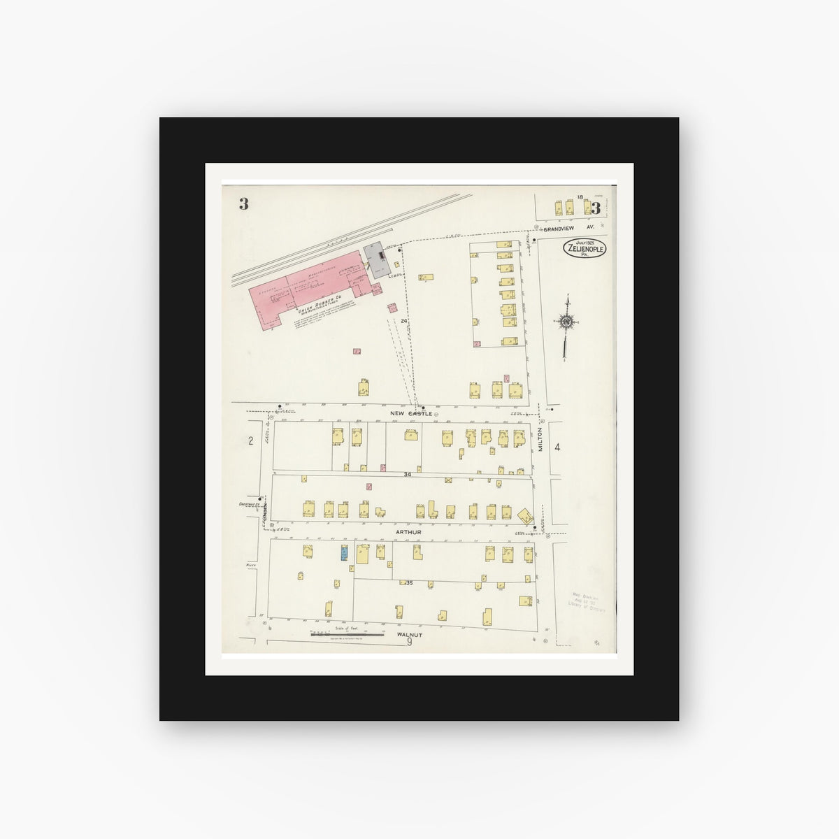Old map wall art mockup — black gallery frame with white mat — Sanborn Fire Insurance Map from Zelienople, Butler County, Pennsylvania (1925), Sheet #0003