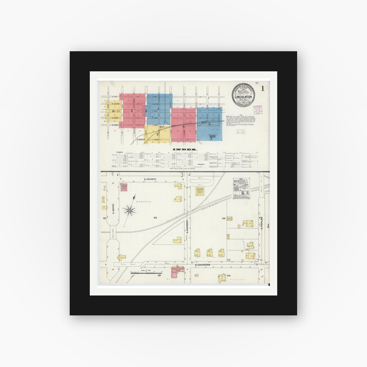 Old map wall art mockup — black gallery frame with white mat — Sanborn Fire Insurance Map from Lincolnton, Lincoln County, North Carolina (1906) - Complete Map Set
