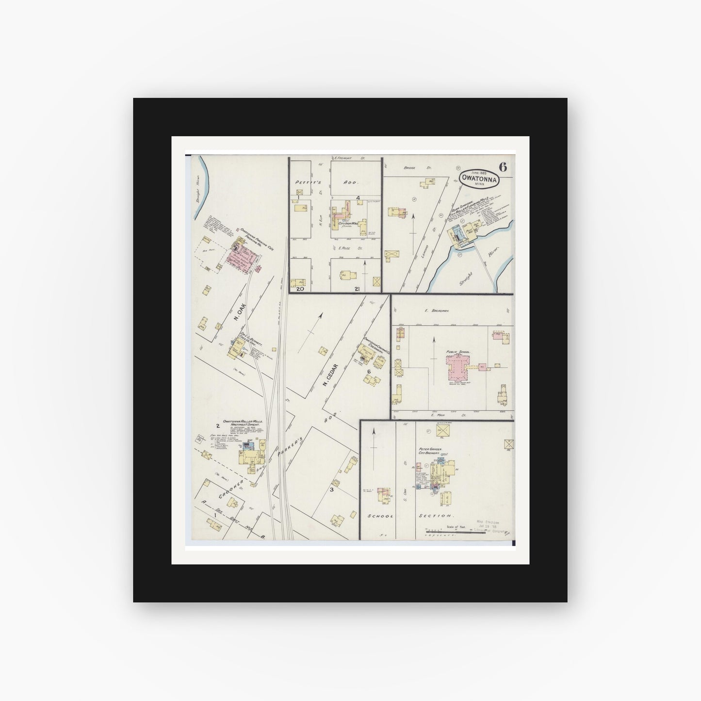 Old map wall art mockup — black gallery frame with white mat — Sanborn Fire Insurance Map from Owatonna, Steele County, Minnesota (1889), Sheet #0006