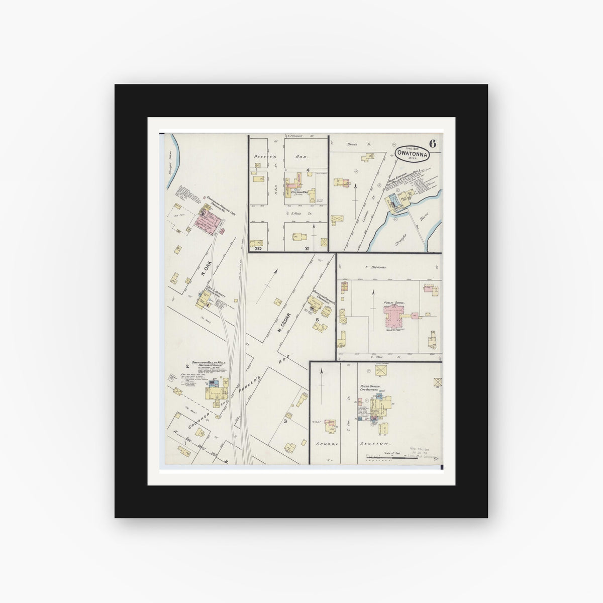 Old map wall art mockup — black gallery frame with white mat — Sanborn Fire Insurance Map from Owatonna, Steele County, Minnesota (1889), Sheet #0006
