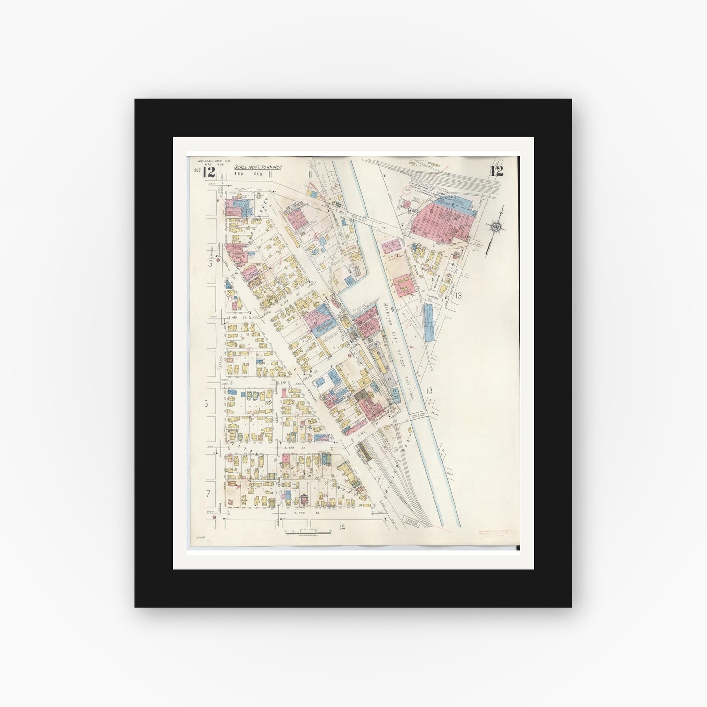 Old map wall art mockup — black gallery frame with white mat — Sanborn Fire Insurance Map from Michigan City, La Porte County, Indiana (1948), Sheet #0012