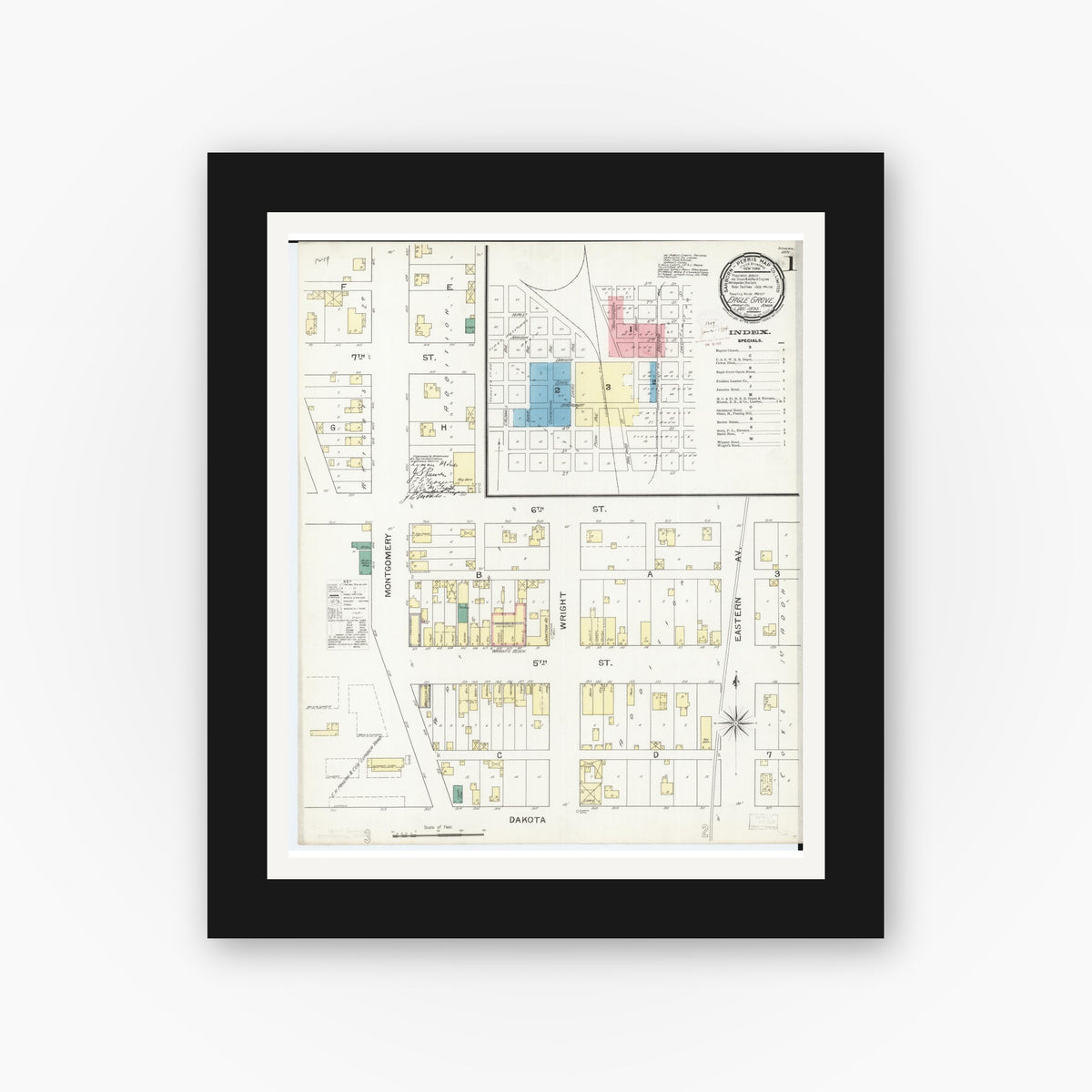 Old map wall art mockup — black gallery frame with white mat — Sanborn Fire Insurance Map from Eagle Grove, Wright County, Iowa (1893) â€” Complete Set