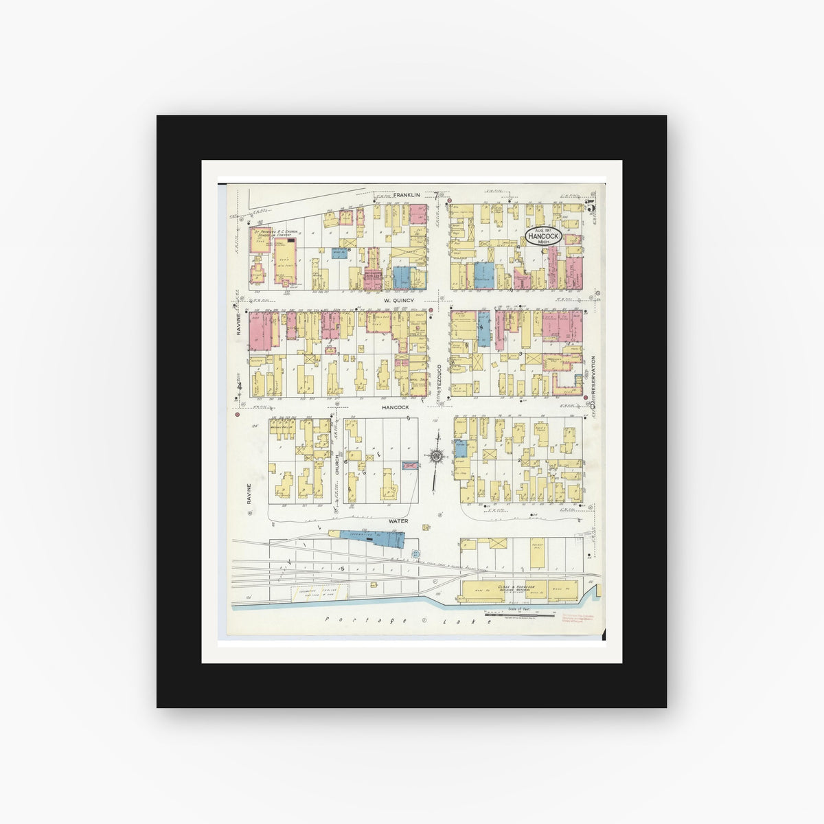 Old map wall art mockup — black gallery frame with white mat — Sanborn Fire Insurance Map from Hancock, Houghton County, Michigan (1917), Sheet #0005