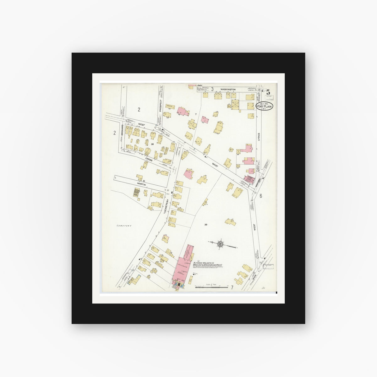 Old map wall art mockup — black gallery frame with white mat — Sanborn Fire Insurance Map from Fort Plain, Montgomery County, New York (1912), Sheet #0005