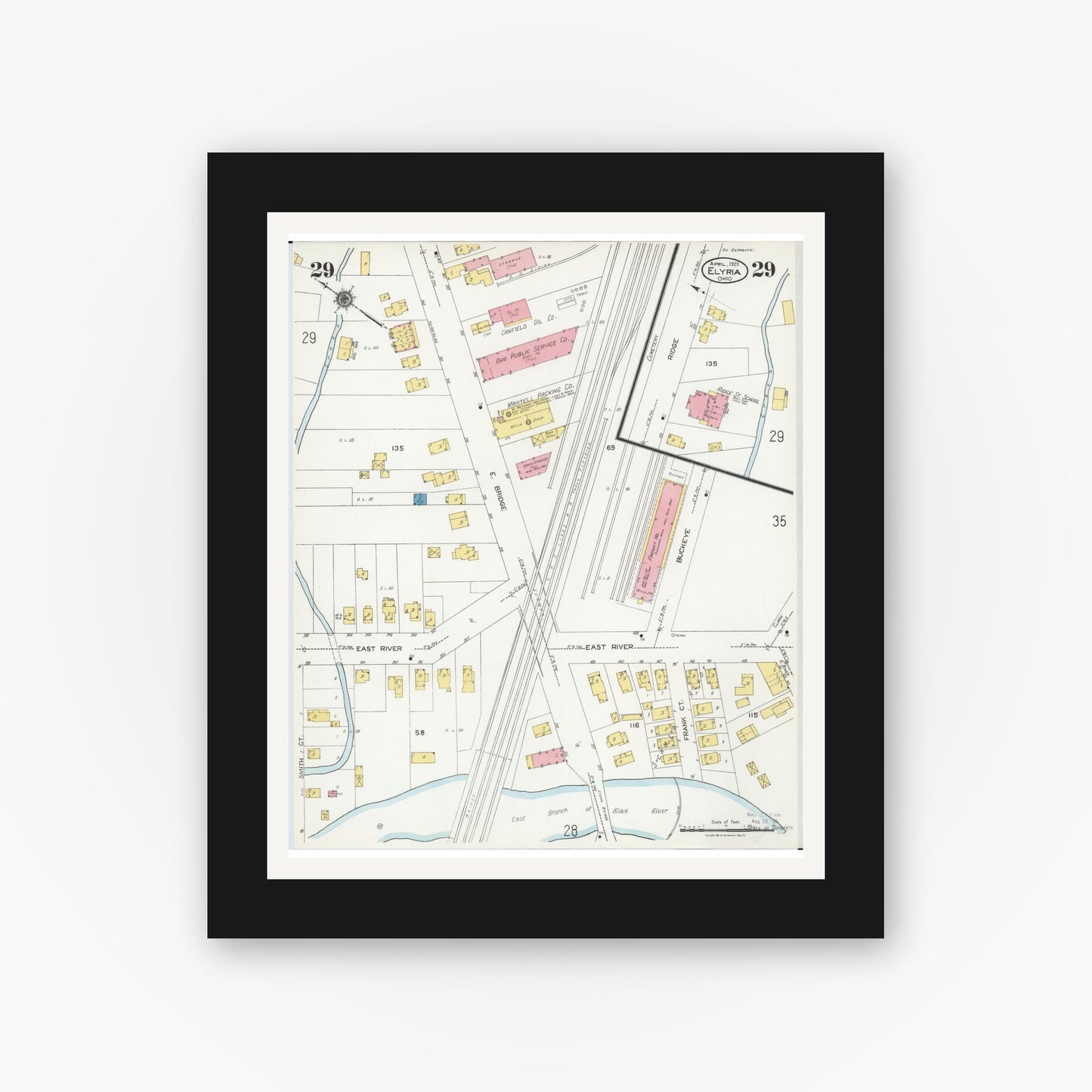 Old map wall art mockup — black gallery frame with white mat — Sanborn Fire Insurance Map from Elyria, Lorain County, Ohio (1925), Sheet #0029
