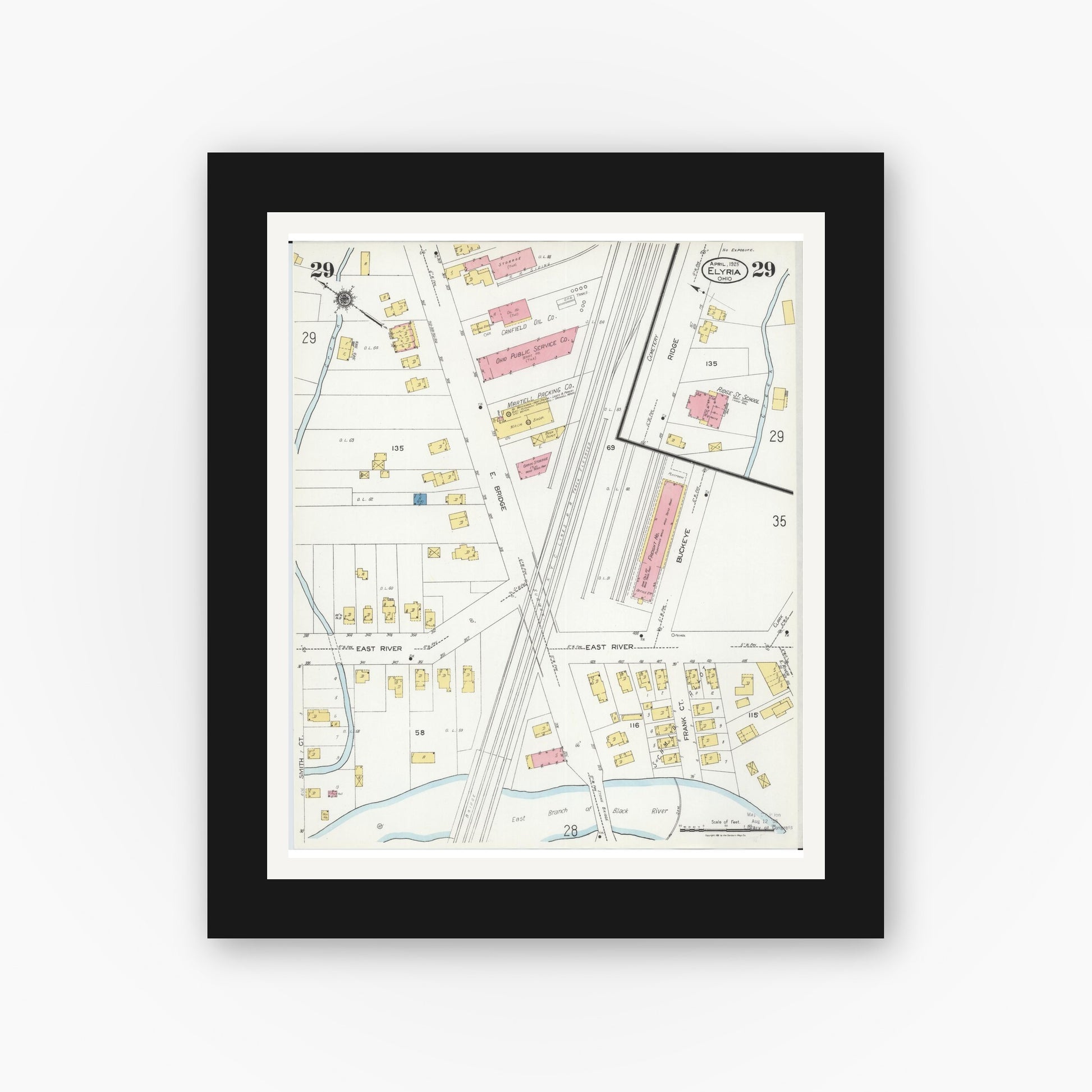 Old map wall art mockup — black gallery frame with white mat — Sanborn Fire Insurance Map from Elyria, Lorain County, Ohio (1925), Sheet #0029
