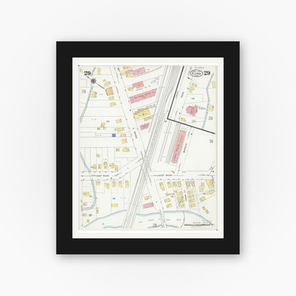 Old map wall art mockup — black gallery frame with white mat — Sanborn Fire Insurance Map from Elyria, Lorain County, Ohio (1925), Sheet #0029