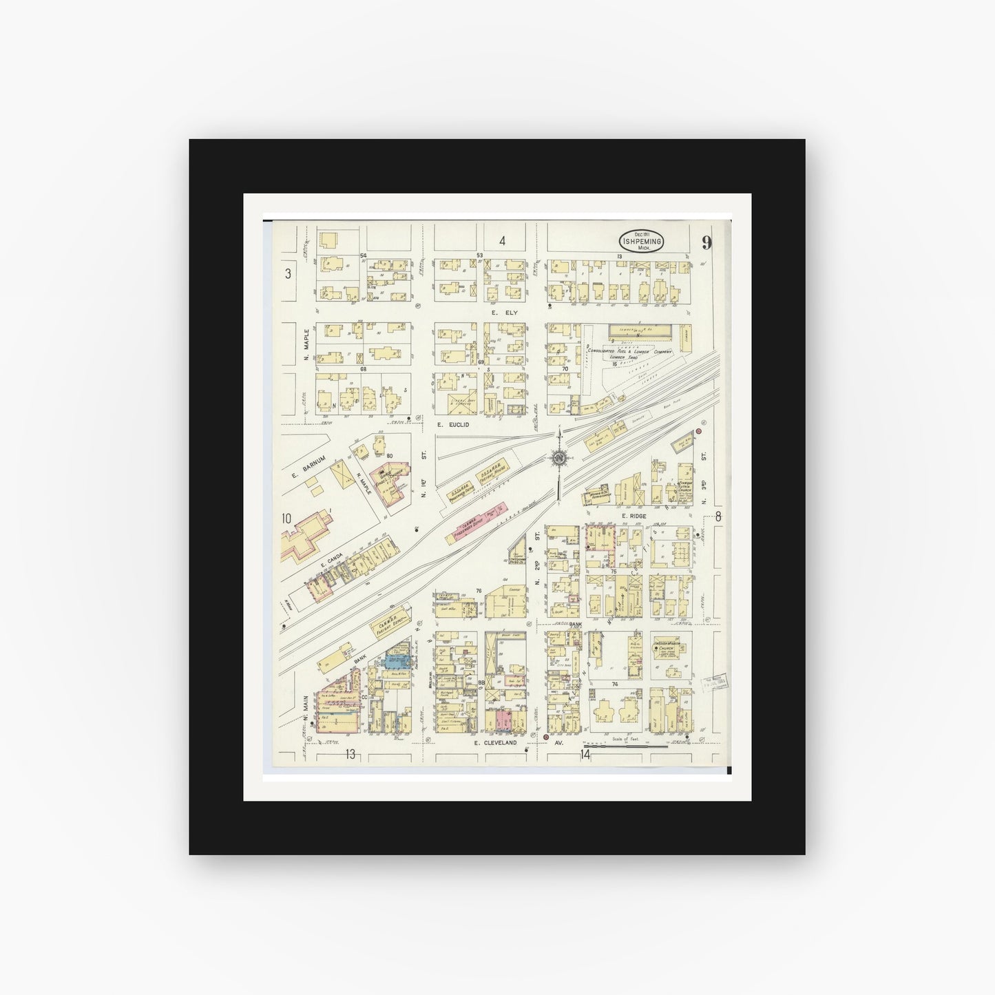 Old map wall art mockup — black gallery frame with white mat — Sanborn Fire Insurance Map from Ishpeming, Marquette County, Michigan (1911), Sheet #0009