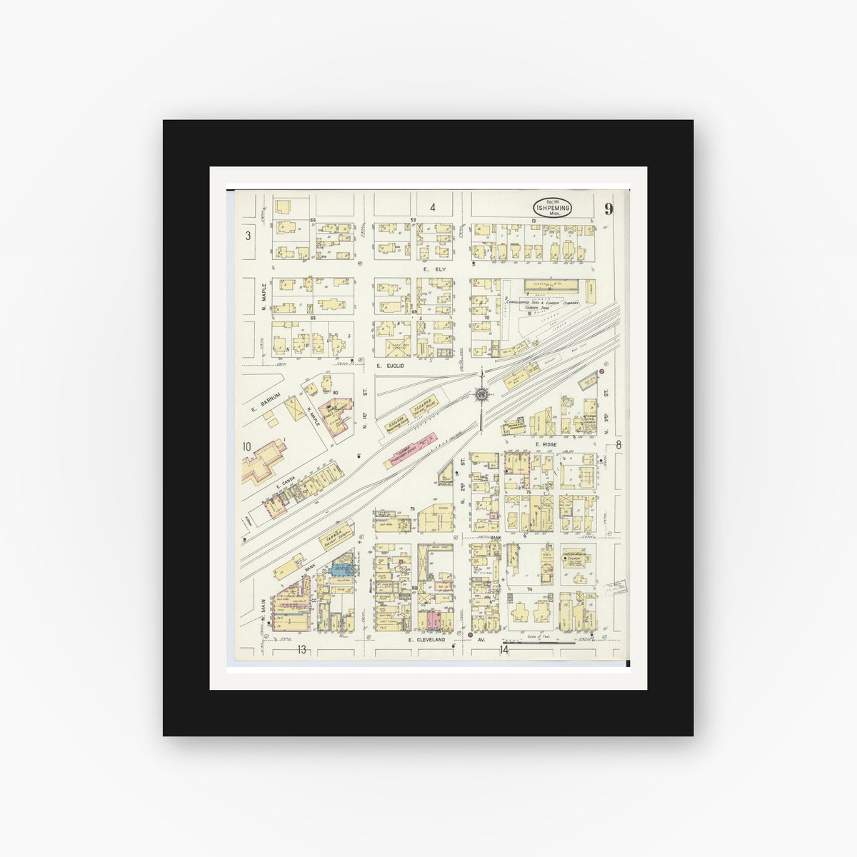 Old map wall art mockup — black gallery frame with white mat — Sanborn Fire Insurance Map from Ishpeming, Marquette County, Michigan (1911), Sheet #0009