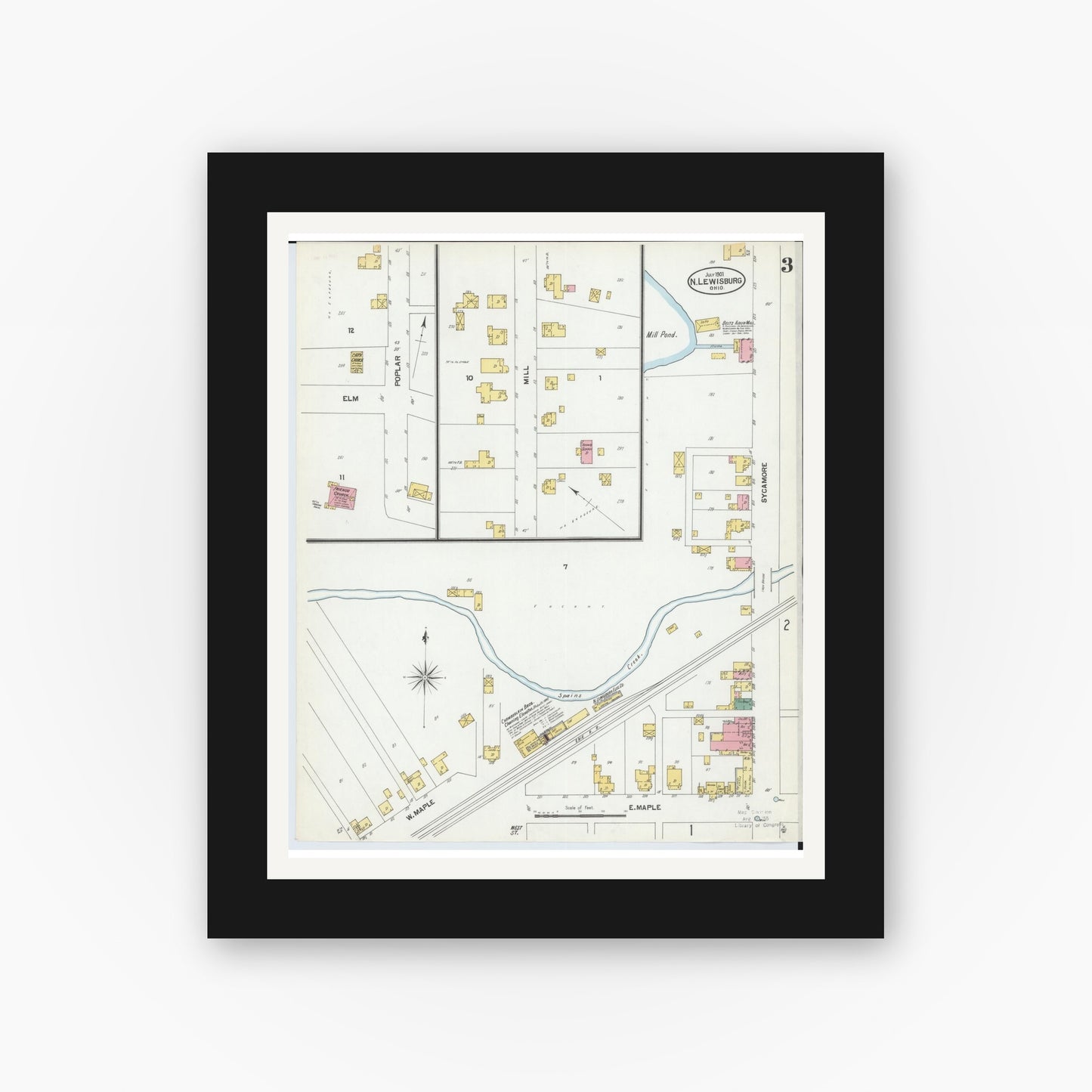 Old map wall art mockup — black gallery frame with white mat — Sanborn Fire Insurance Map from North Lewisburg, Champaign County, Ohio (1901), Sheet #0003