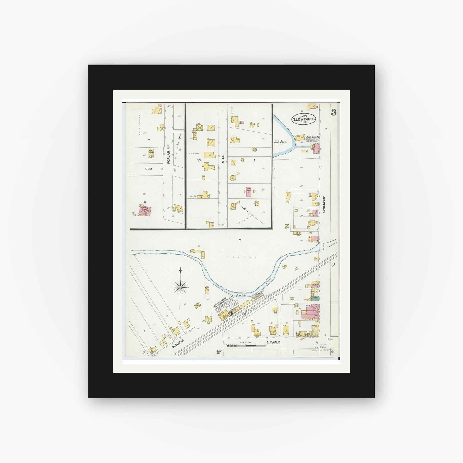Old map wall art mockup — black gallery frame with white mat — Sanborn Fire Insurance Map from North Lewisburg, Champaign County, Ohio (1901), Sheet #0003