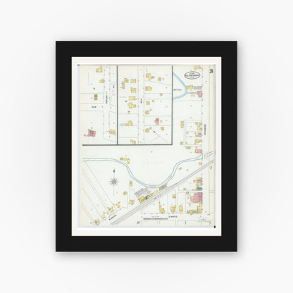 Old map wall art mockup — black gallery frame with white mat — Sanborn Fire Insurance Map from North Lewisburg, Champaign County, Ohio (1901), Sheet #0003