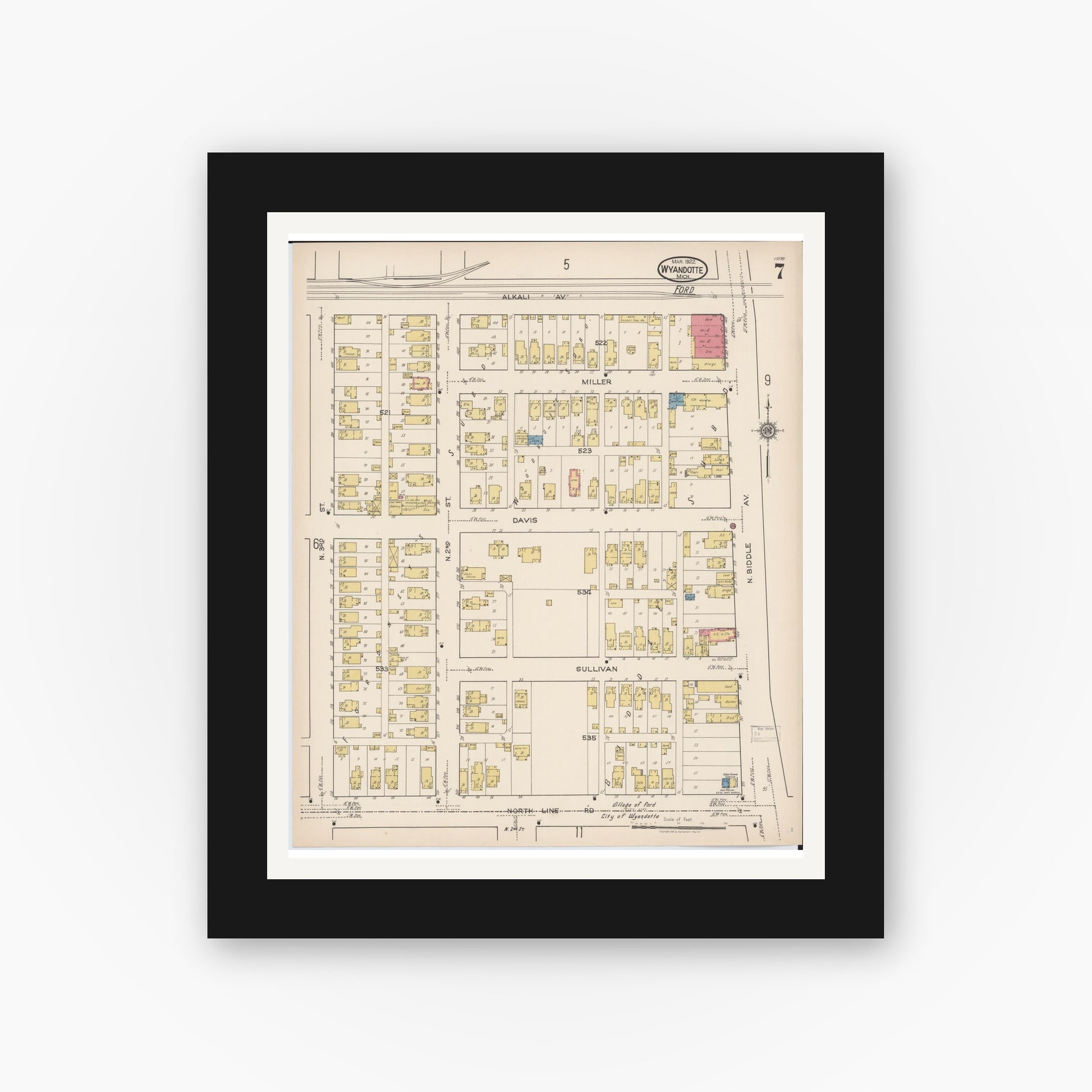 Old map wall art mockup — black gallery frame with white mat — Sanborn Fire Insurance Map from Wyandotte, Wayne County, Michigan (1922), Sheet #0007