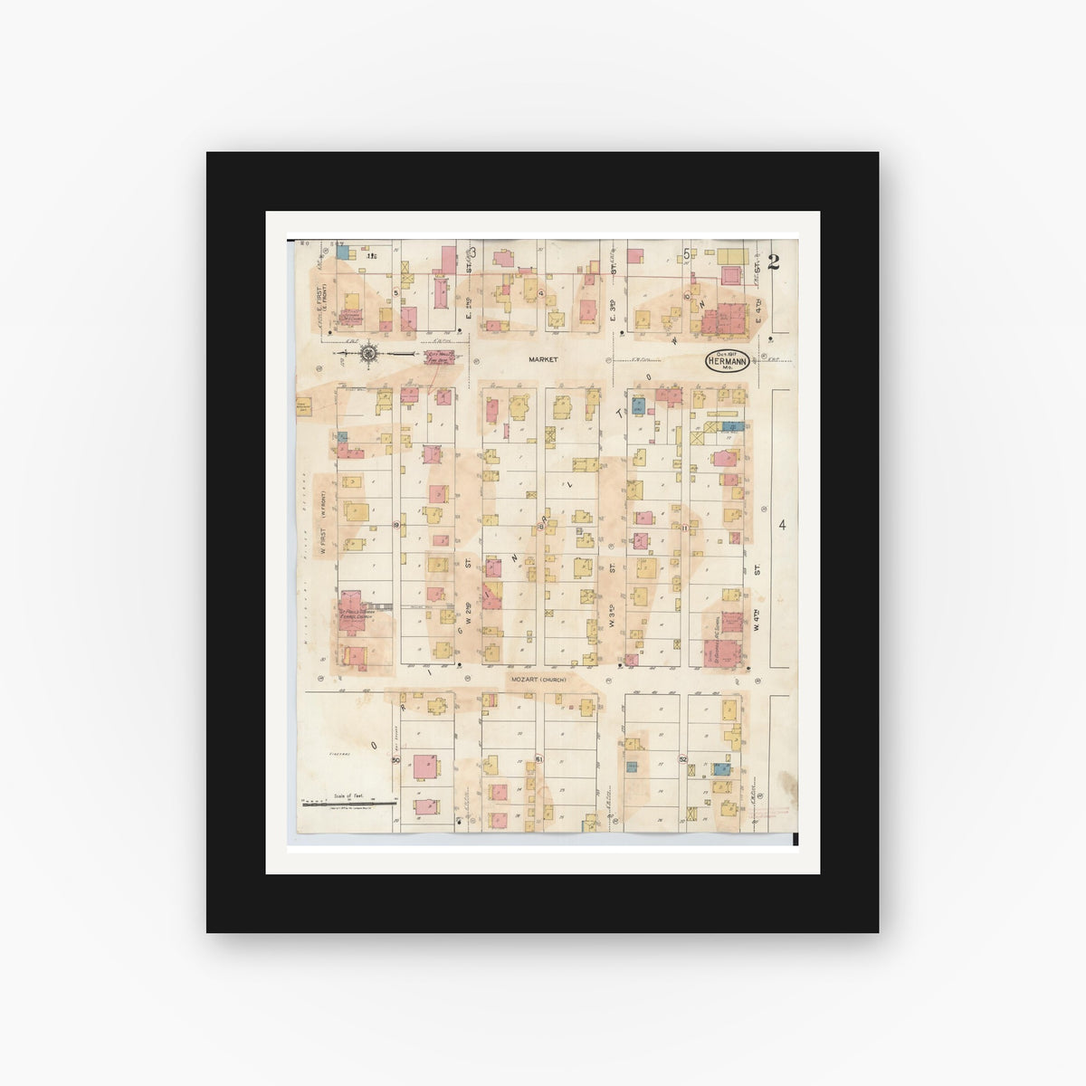 Old map wall art mockup — black gallery frame with white mat — Sanborn Fire Insurance Map from Hermann, Gasconade County, Missouri (1932), Sheet #0002