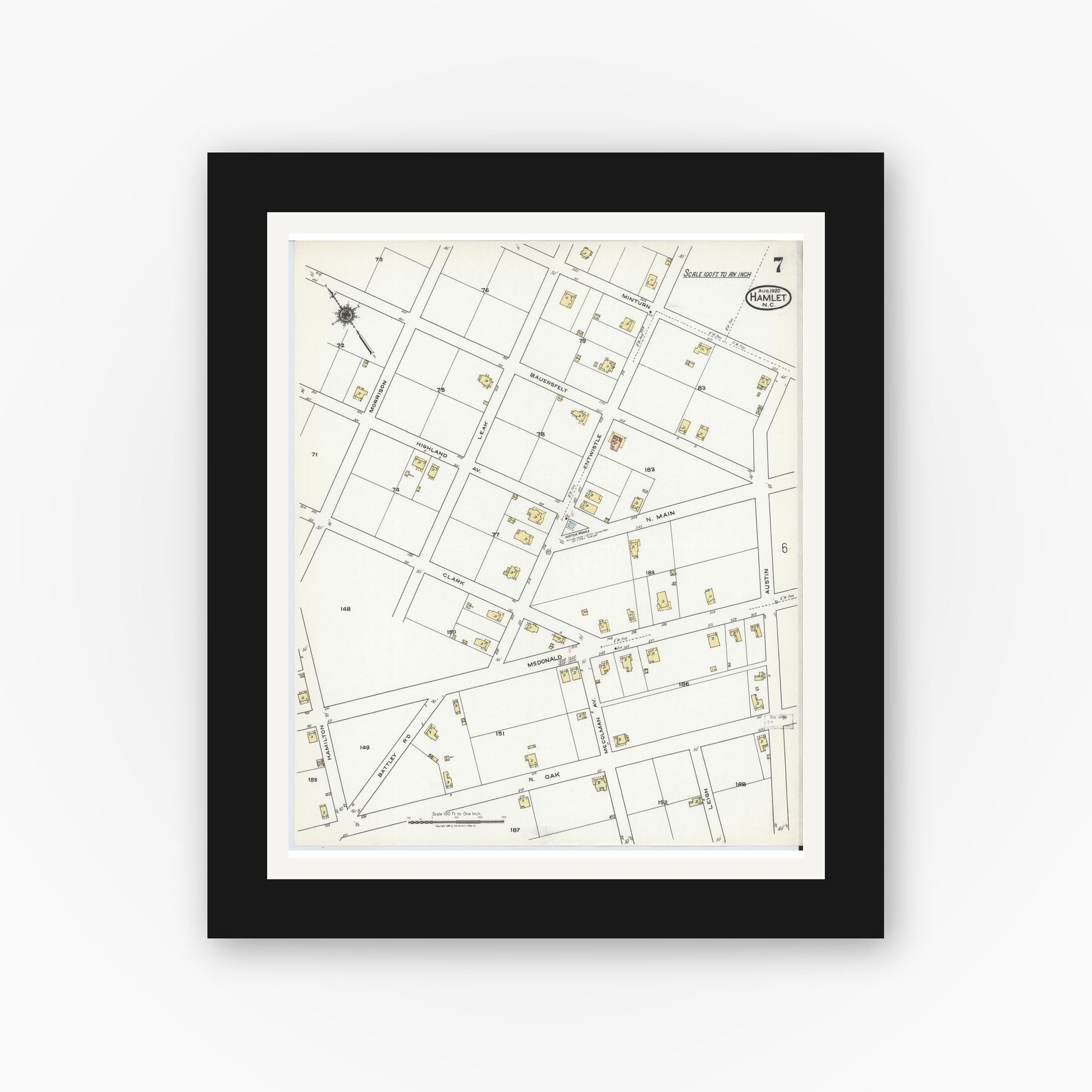 Old map wall art mockup — black gallery frame with white mat — Sanborn Fire Insurance Map from Hamlet, Richmond County, North Carolina (1920), Sheet #0007