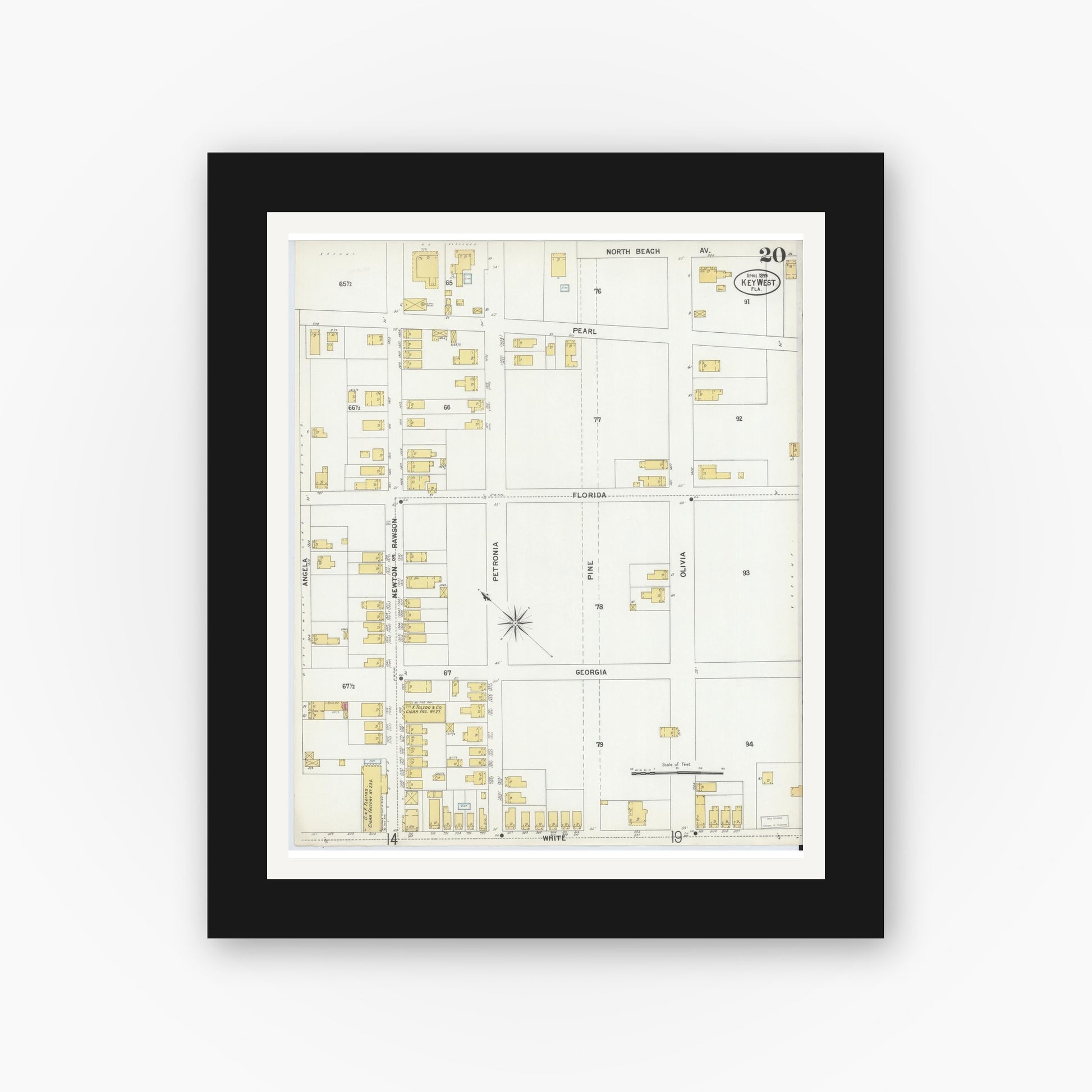 Old map wall art mockup — black gallery frame with white mat — Sanborn Fire Insurance Map from Key West, Monroe County, Florida (1899), Sheet #0020