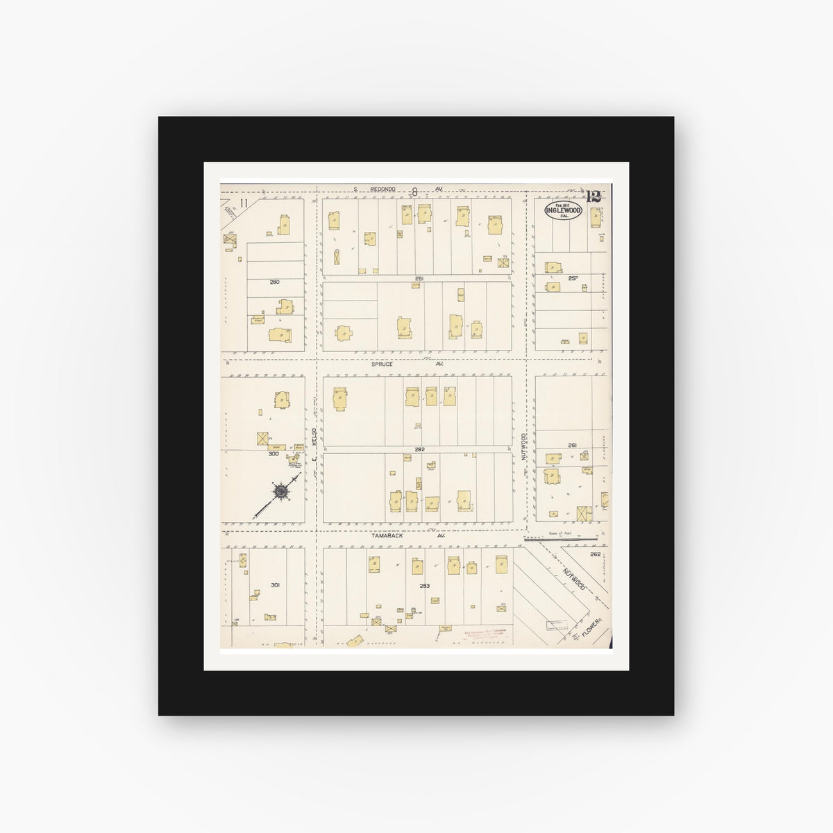 Old map wall art mockup — black gallery frame with white mat — Sanborn Fire Insurance Map from Inglewood, Los Angeles County, California (1912), Sheet #0012
