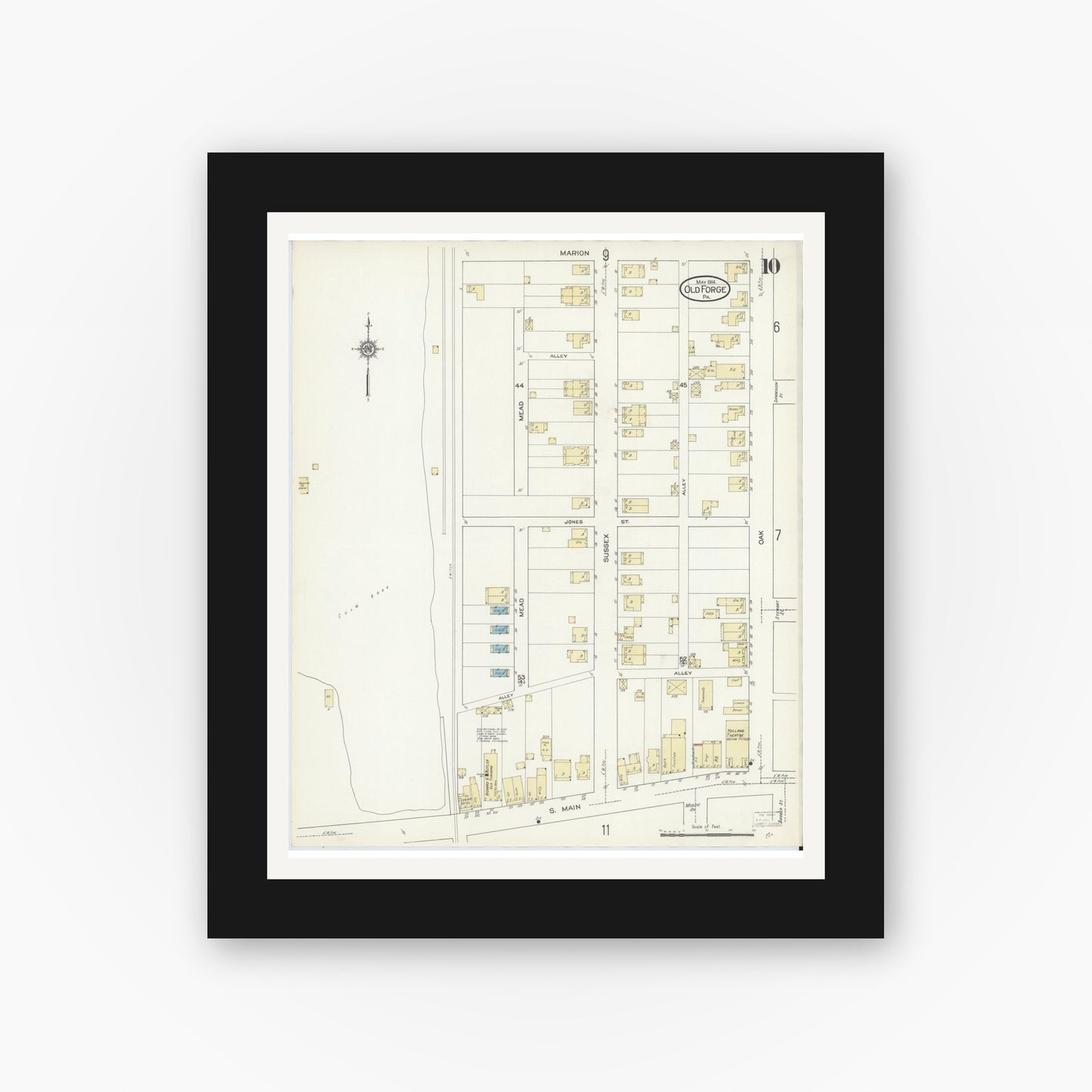 Old map wall art mockup — black gallery frame with white mat — Sanborn Fire Insurance Map from Old Forge, Lackawanna County, Pennsylvania (1914), Sheet #0010