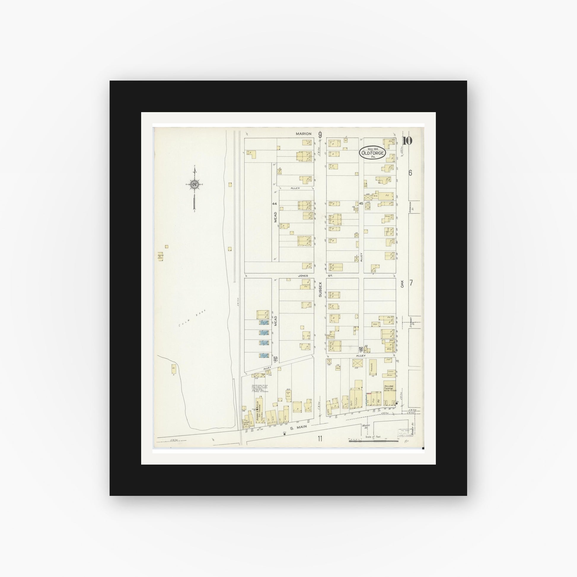 Old map wall art mockup — black gallery frame with white mat — Sanborn Fire Insurance Map from Old Forge, Lackawanna County, Pennsylvania (1914), Sheet #0010