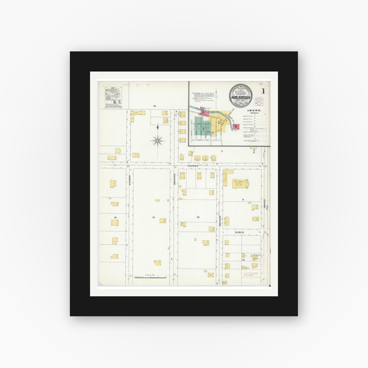 Old map wall art mockup — black gallery frame with white mat — Sanborn Fire Insurance Map from Marlborough, Ulster County, New York (1905), Sheet #0001