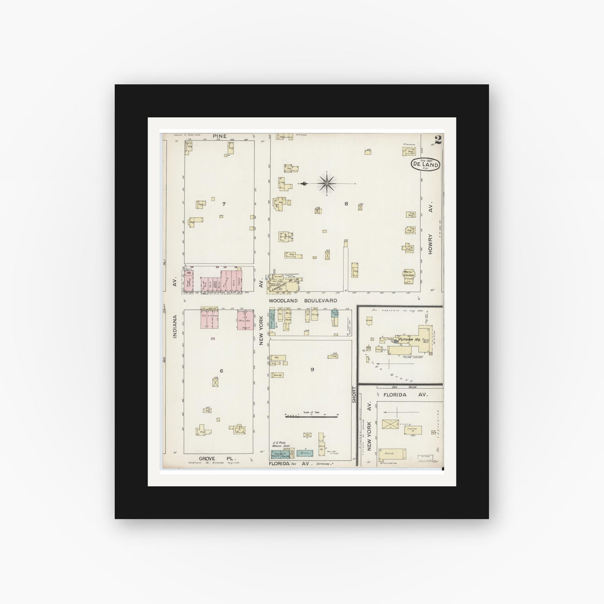 Old map wall art mockup — black gallery frame with white mat — Sanborn Fire Insurance Map from De Land, Volusia County, Florida (1887), Sheet #0002