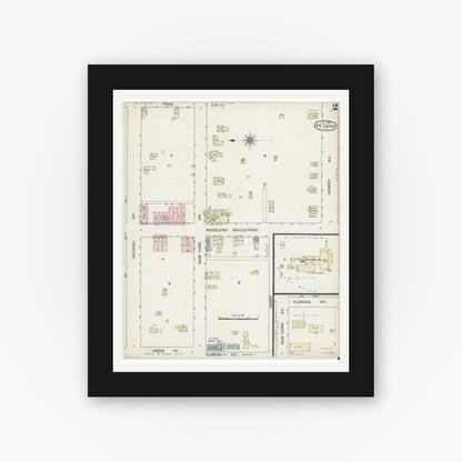 Old map wall art mockup — black gallery frame with white mat — Sanborn Fire Insurance Map from De Land, Volusia County, Florida (1887), Sheet #0002