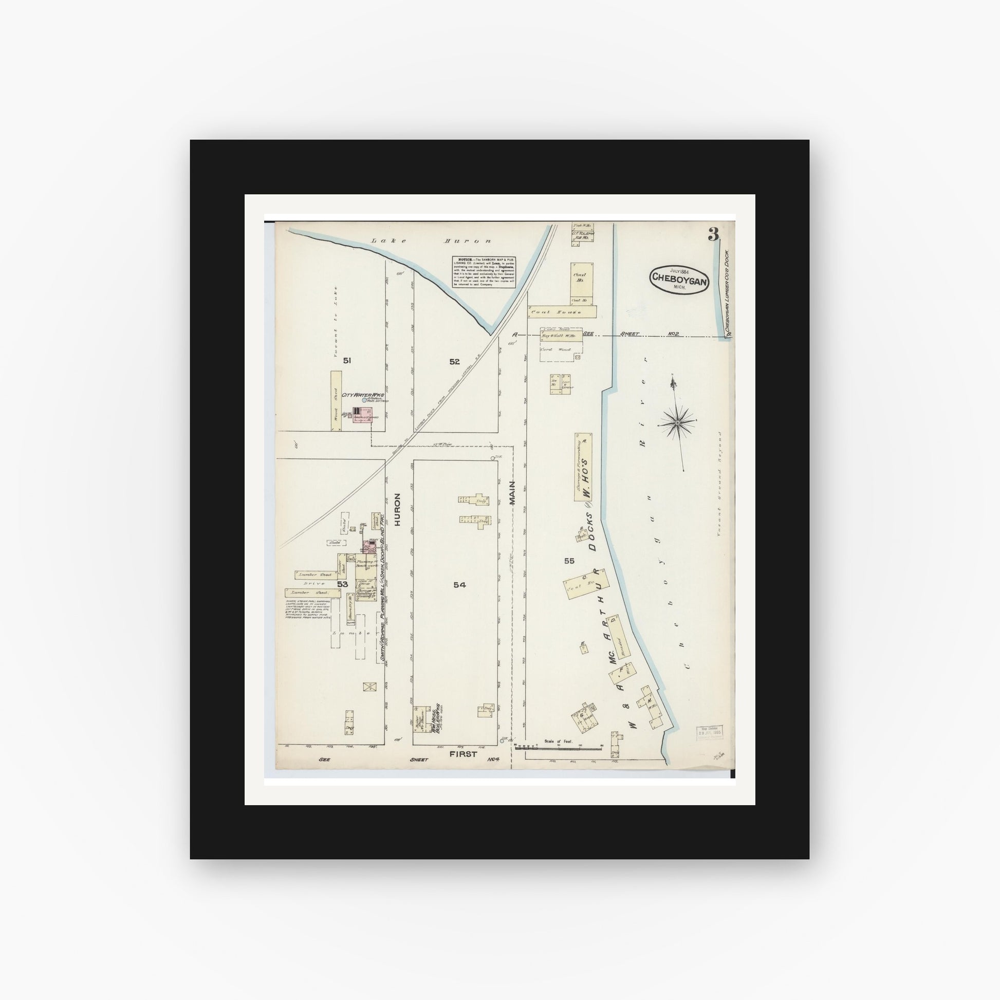 Old map wall art mockup — black gallery frame with white mat — Sanborn Fire Insurance Map from Cheboygan, Cheboygan County, Michigan (1884), Sheet #0003