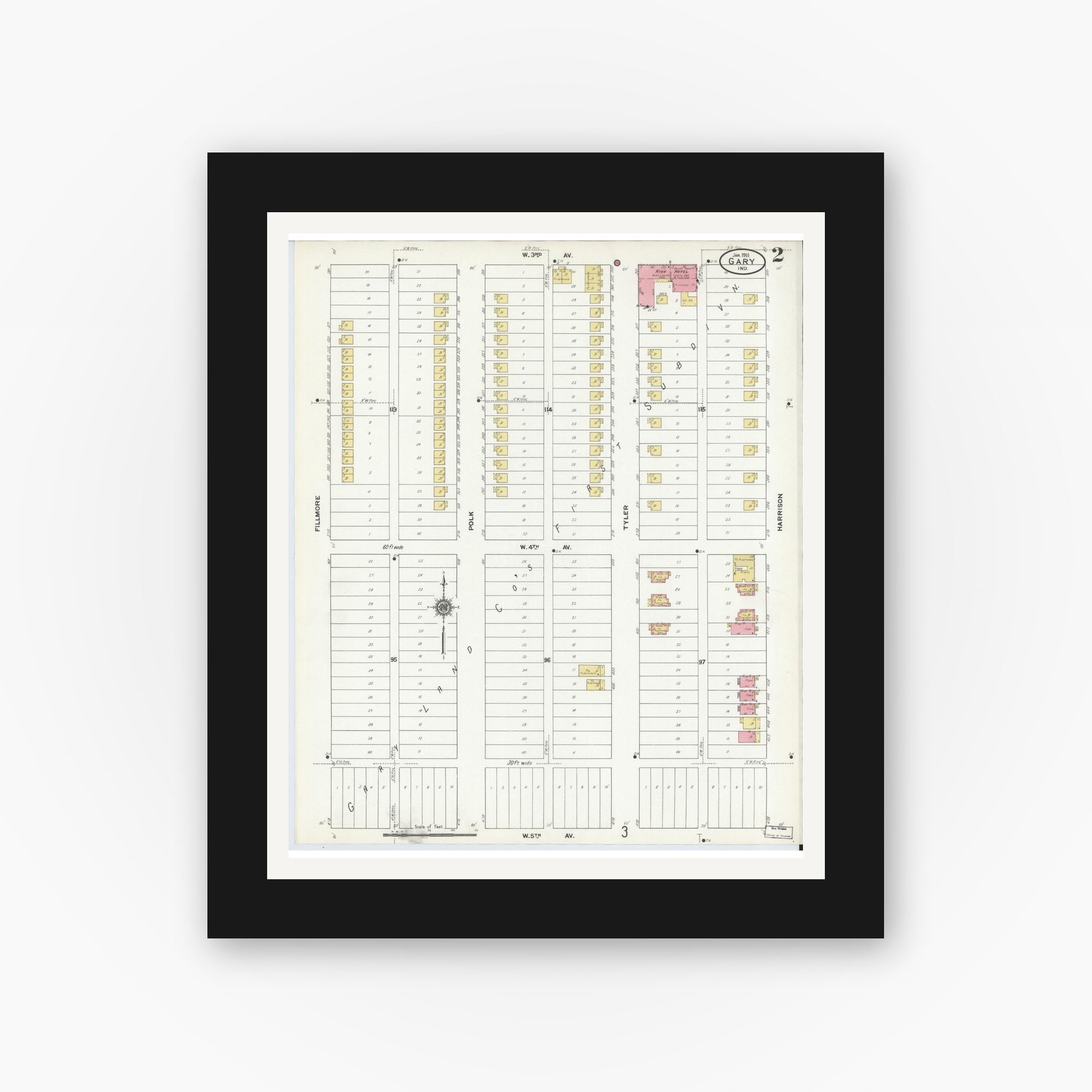 Old map wall art mockup — black gallery frame with white mat — Sanborn Fire Insurance Map from Gary, Lake County, Indiana (1911), Sheet #0002