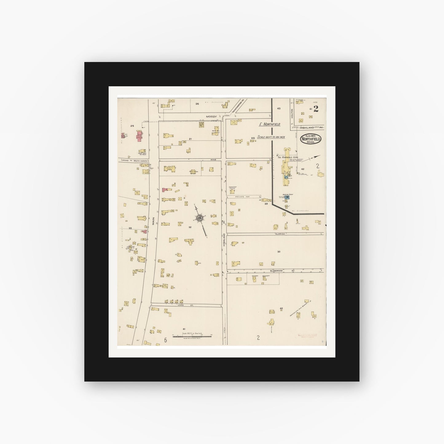 Old map wall art mockup — black gallery frame with white mat — Sanborn Fire Insurance Map from Northfield, Franklin County, Massachusetts (1922), Sheet #0002