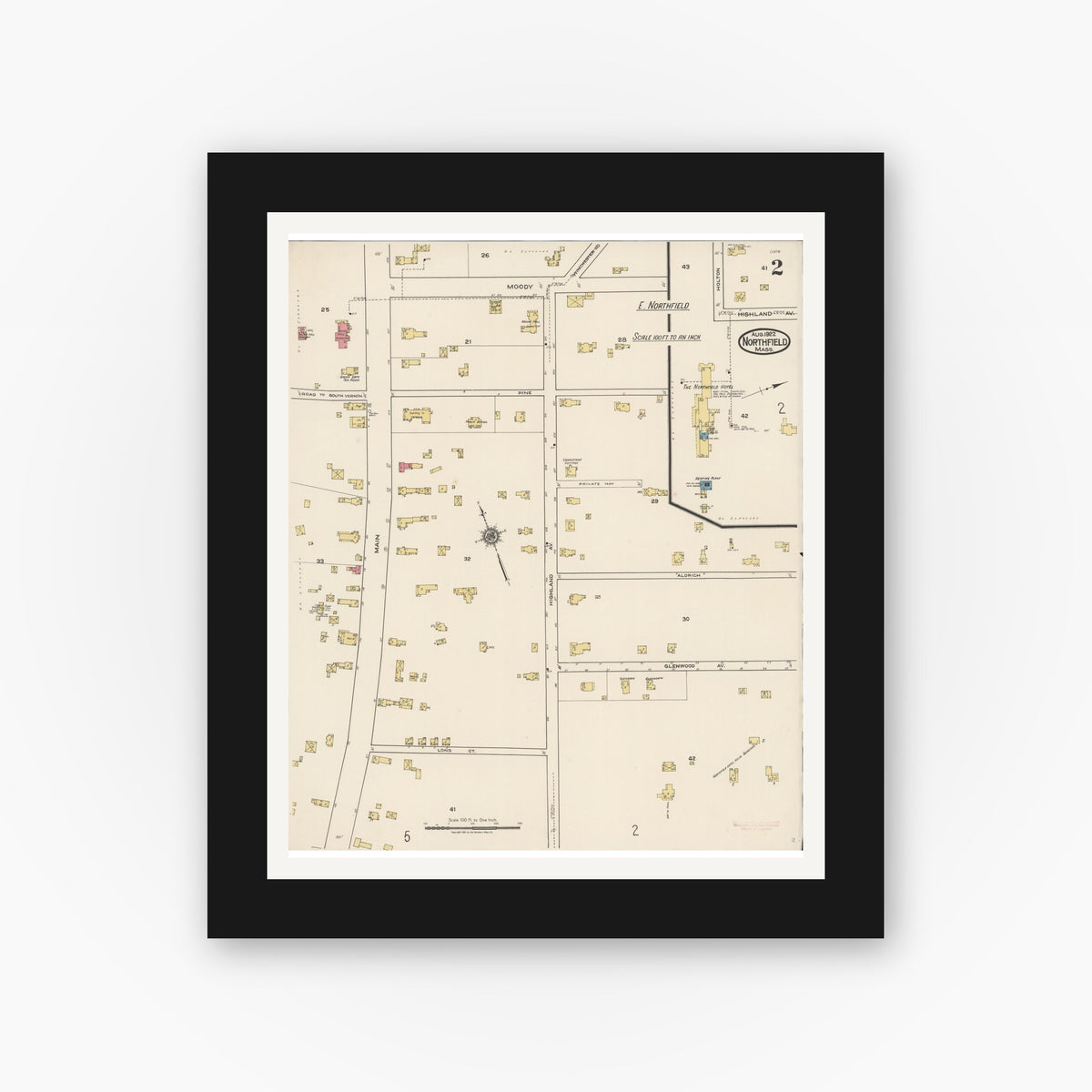 Old map wall art mockup — black gallery frame with white mat — Sanborn Fire Insurance Map from Northfield, Franklin County, Massachusetts (1922), Sheet #0002
