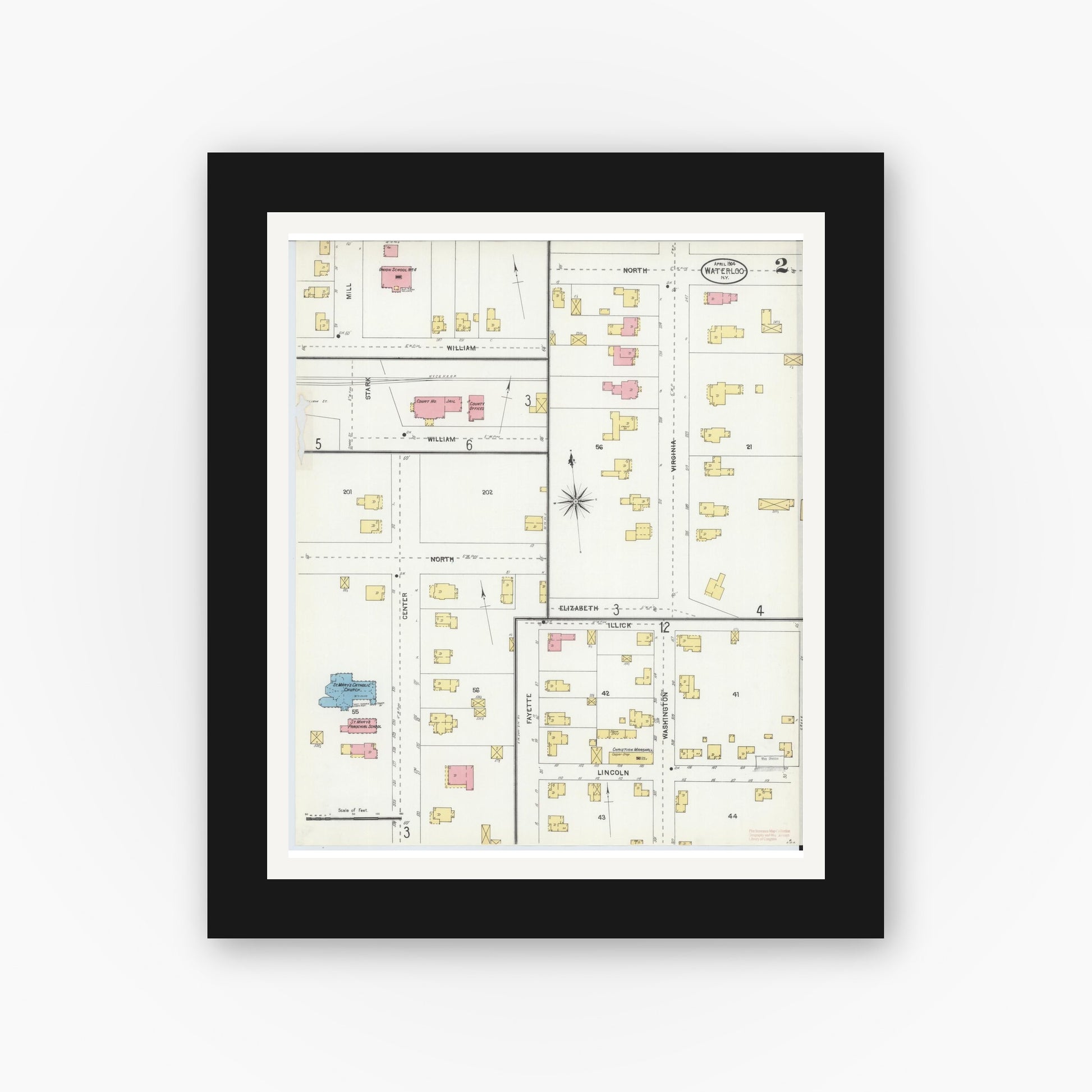Old map wall art mockup — black gallery frame with white mat — Sanborn Fire Insurance Map from Waterloo, Seneca County, New York (1904), Sheet #0002
