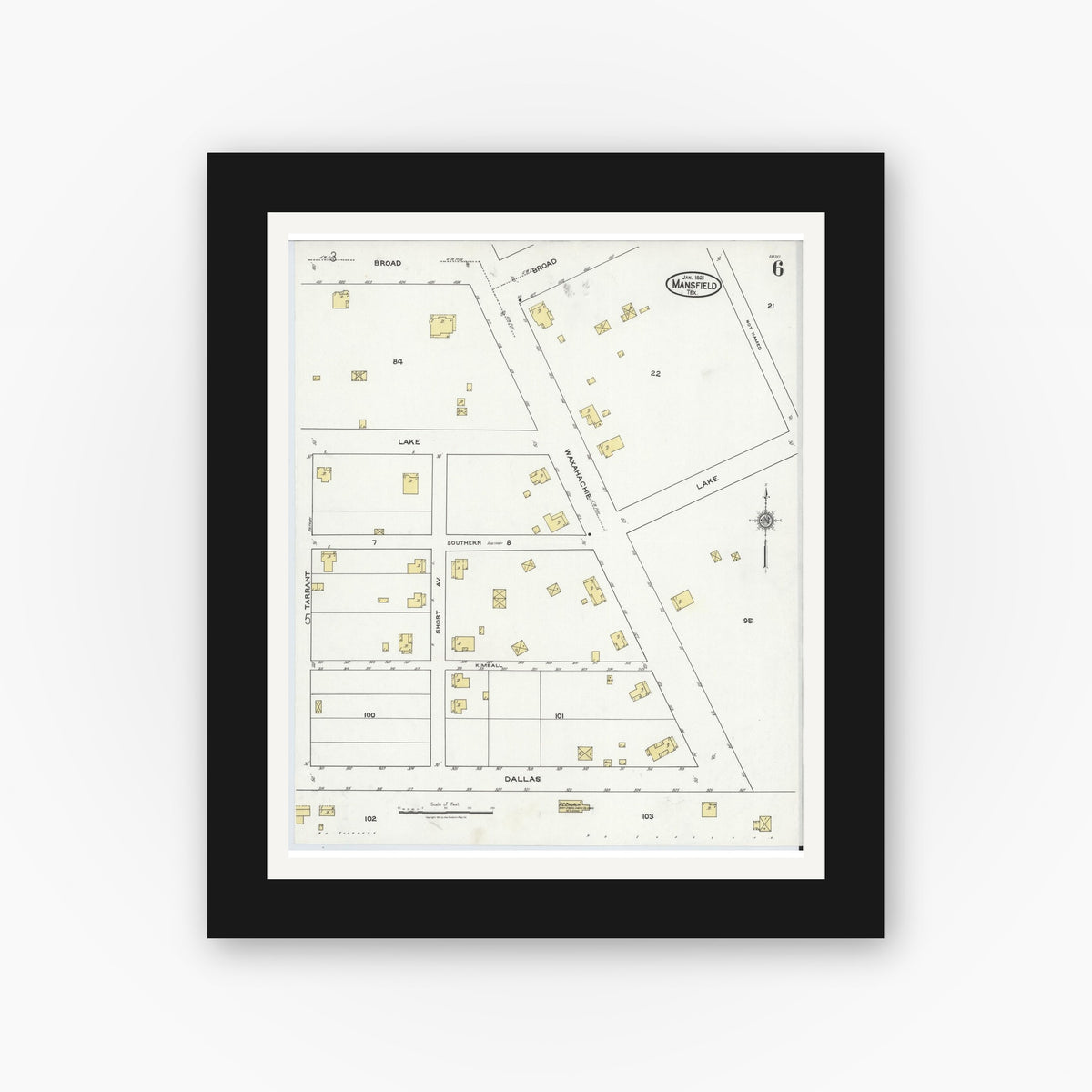 Old map wall art mockup — black gallery frame with white mat — Sanborn Fire Insurance Map from Mansfield, Tarrant County, Texas (1921), Sheet #0006