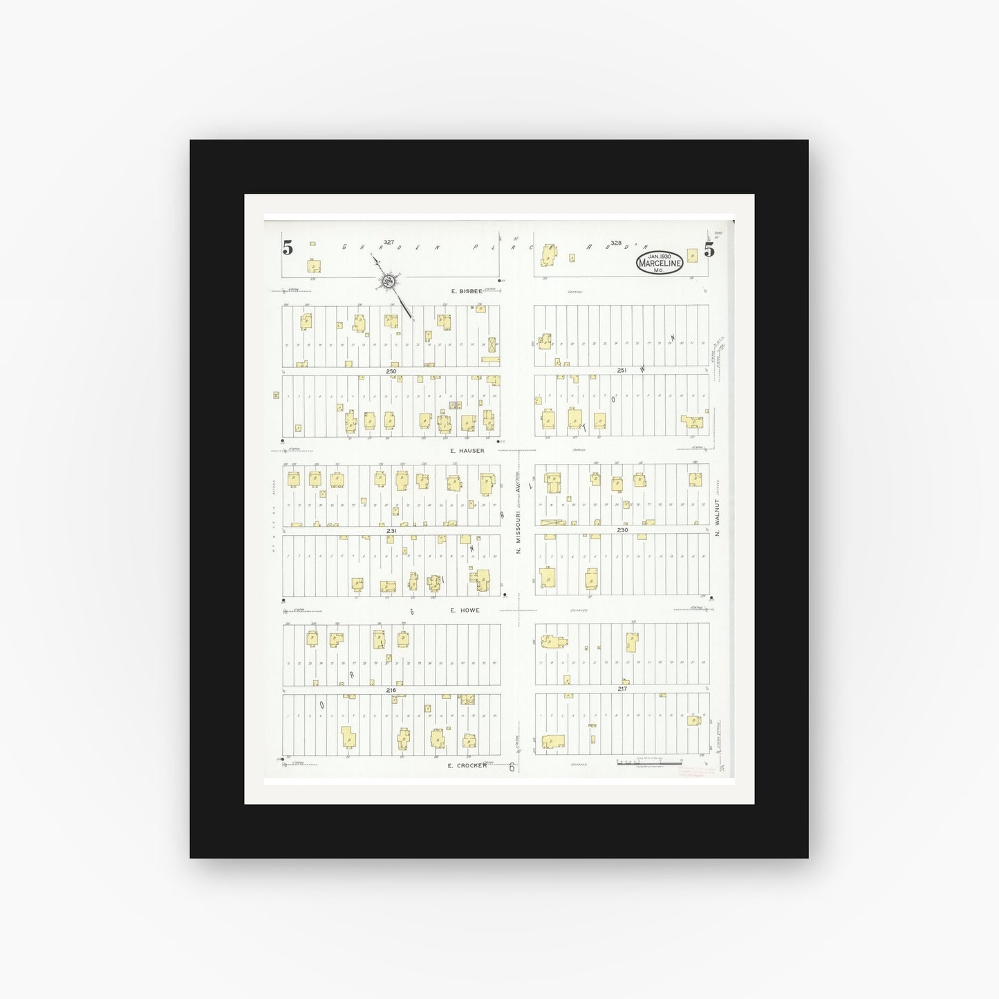 Old map wall art mockup — black gallery frame with white mat — Sanborn Fire Insurance Map from Marceline, Linn County, Missouri (1930), Sheet #0005