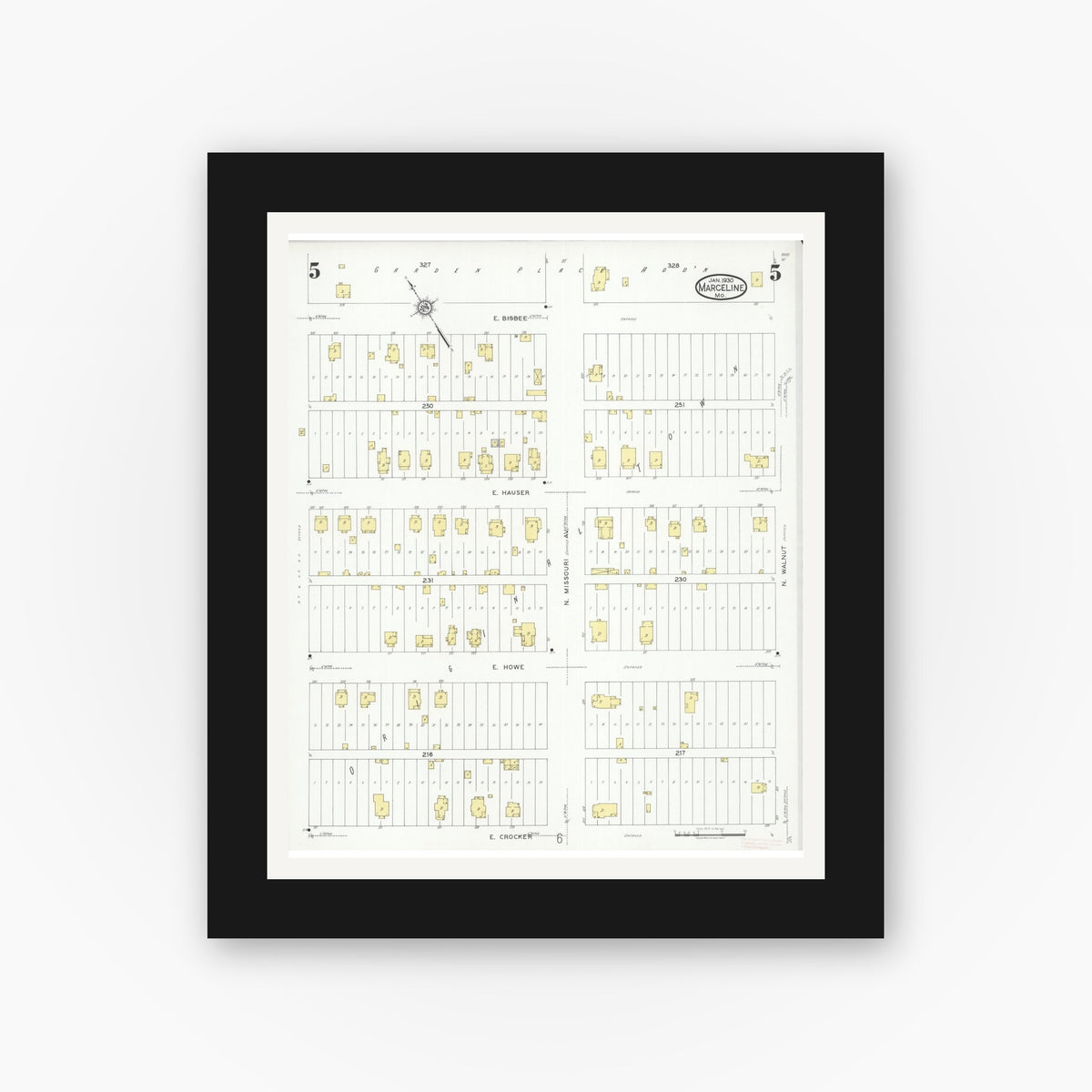 Old map wall art mockup — black gallery frame with white mat — Sanborn Fire Insurance Map from Marceline, Linn County, Missouri (1930), Sheet #0005