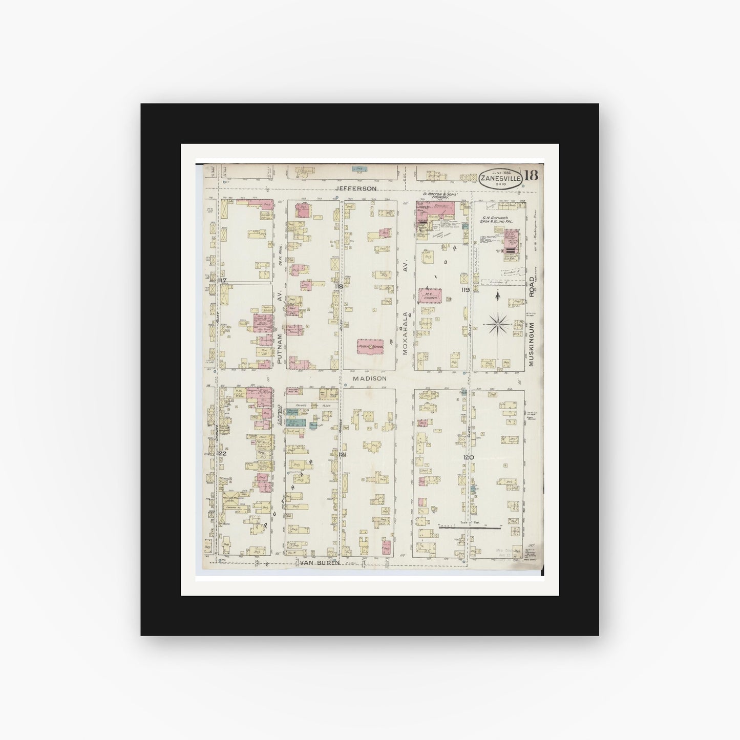 Old map wall art mockup — black gallery frame with white mat — Sanborn Fire Insurance Map from Zanesville, Muskingum County, Ohio (1886), Sheet #0018
