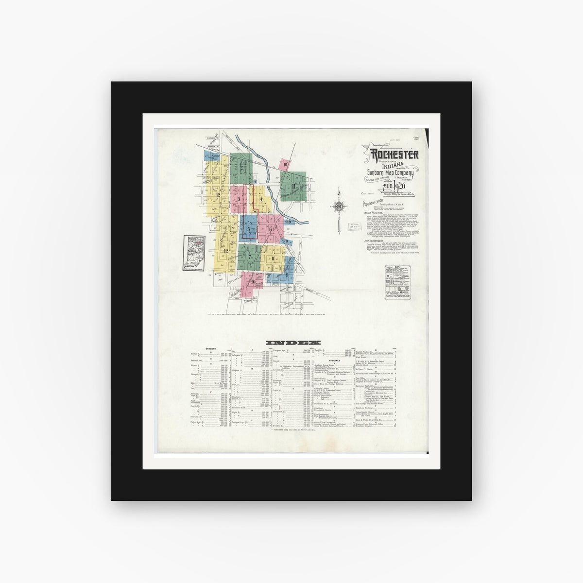 Old map wall art mockup — black gallery frame with white mat — Sanborn Fire Insurance Map from Rochester, Fulton County, Indiana (1920), Sheet #0001
